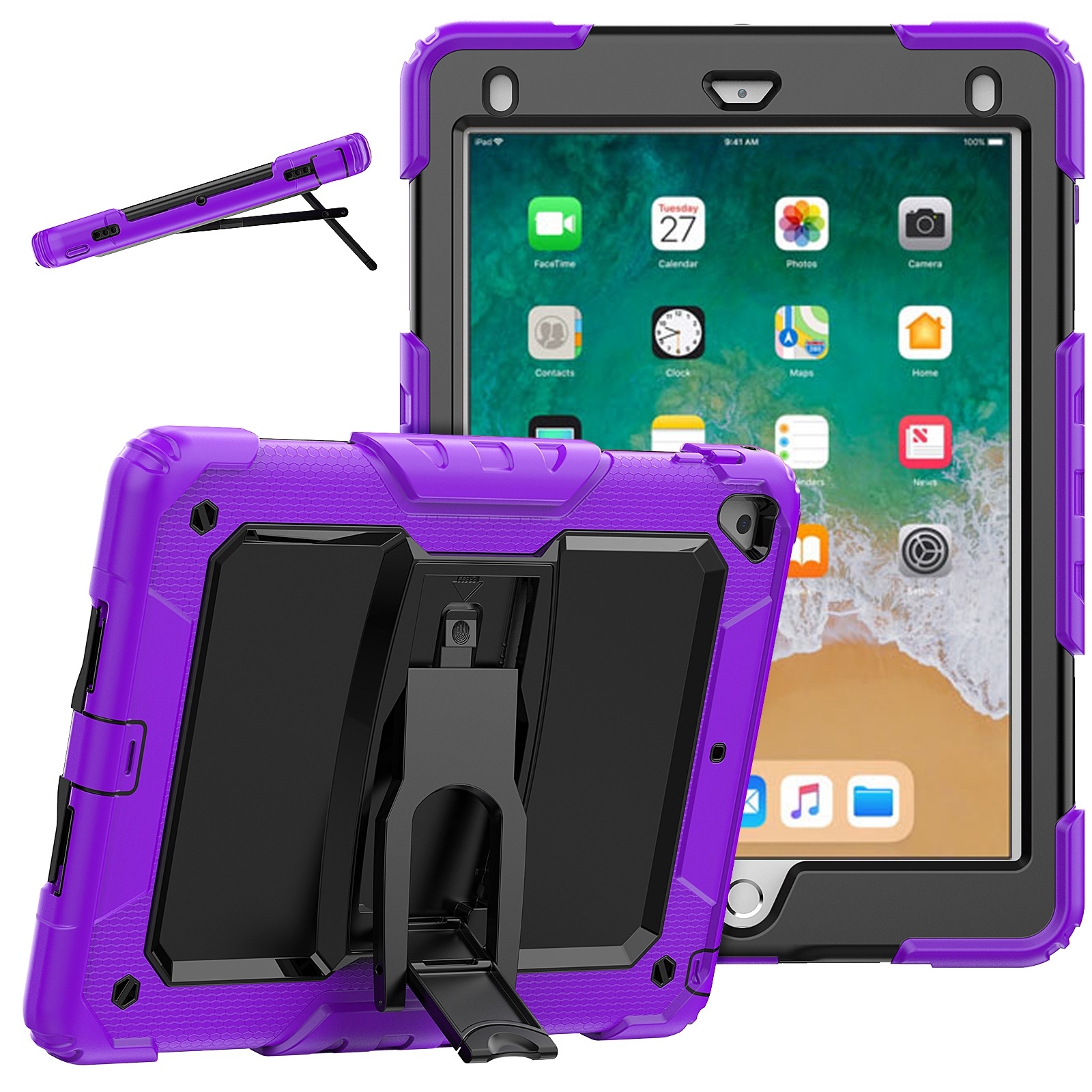 Shockproof Colorful Silicone + Black PC Tablet Protective Case with Holder & Shoulder Strap For iPad 9.7 2018 / 2017(Purple) Shockproof Colorful Silicone + Black PC Tablet Protective Case with Holder & Shoulder Strap For iPad 9.7 2018 / 2017(Purple)