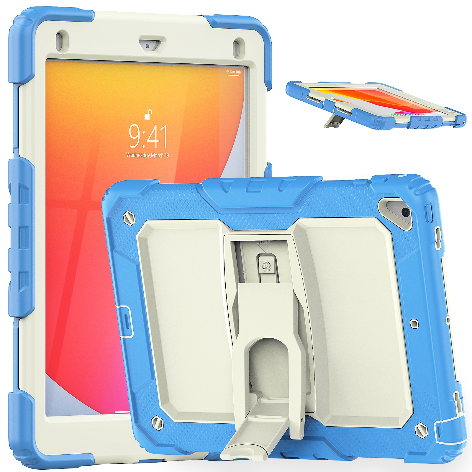 Shockproof Colorful Silicone + Beige PC Tablet Protective Case with Holder & Shoulder Strap For iPad 9.7 2018 / 2017(Blue) Shockproof Colorful Silicone + Beige PC Tablet Protective Case with Holder & Shoulder Strap For iPad 9.7 2018 / 2017(Blue)