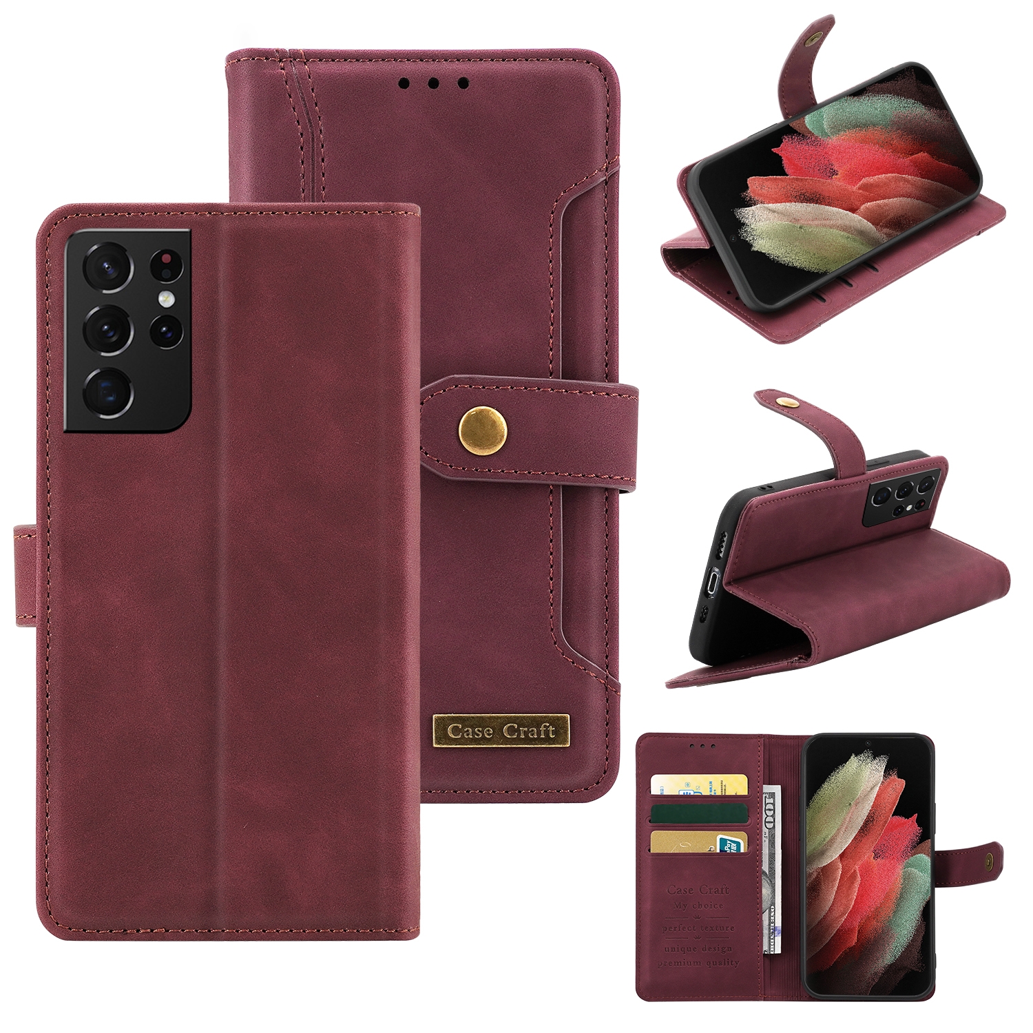 For Samsung Galaxy S21 Ultra 5G Copper Buckle Horizontal Flip Leather Phone Case with Holder & Card Slots & Wallet(Maroon) For Samsung Galaxy S21 Ultra 5G Copper Buckle Horizontal Flip Leather Phone Case with Holder & Card Slots & Wallet(Maroon)