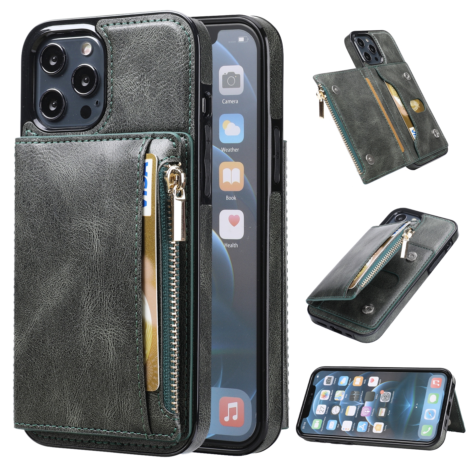 For iPhone 13 Pro Max Zipper Wallet Bag PU Back Cover Shockrpoof Phone Case with Holder & Card Slots & Wallet (Green) For iPhone 13 Pro Max Zipper Wallet Bag PU Back Cover Shockrpoof Phone Case with Holder & Card Slots & Wallet (Green)