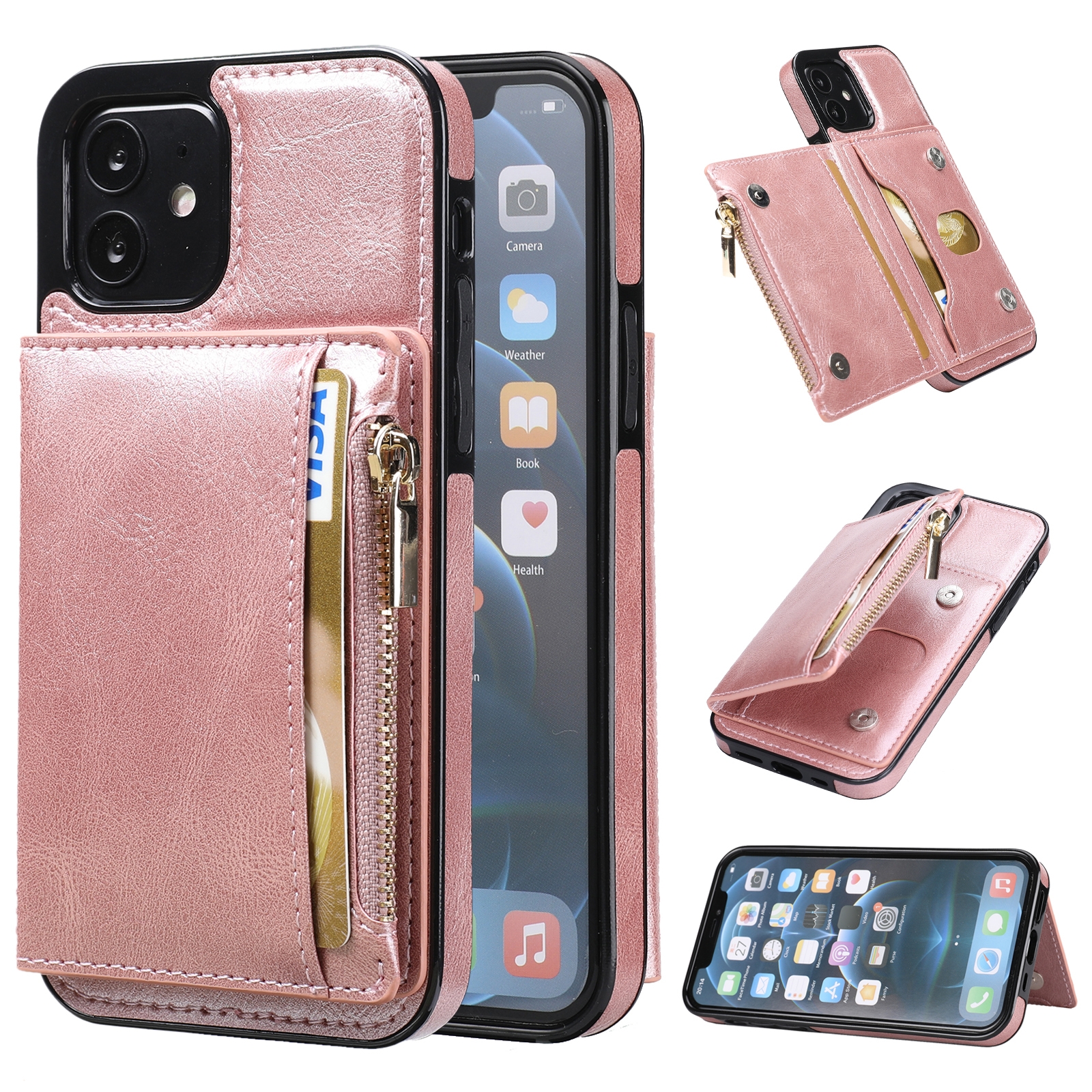 For iPhone 12 mini Zipper Wallet Bag PU Back Cover Shockrpoof Phone Case with Holder & Card Slots & Wallet (Pink) For iPhone 12 mini Zipper Wallet Bag PU Back Cover Shockrpoof Phone Case with Holder & Card Slots & Wallet (Pink)