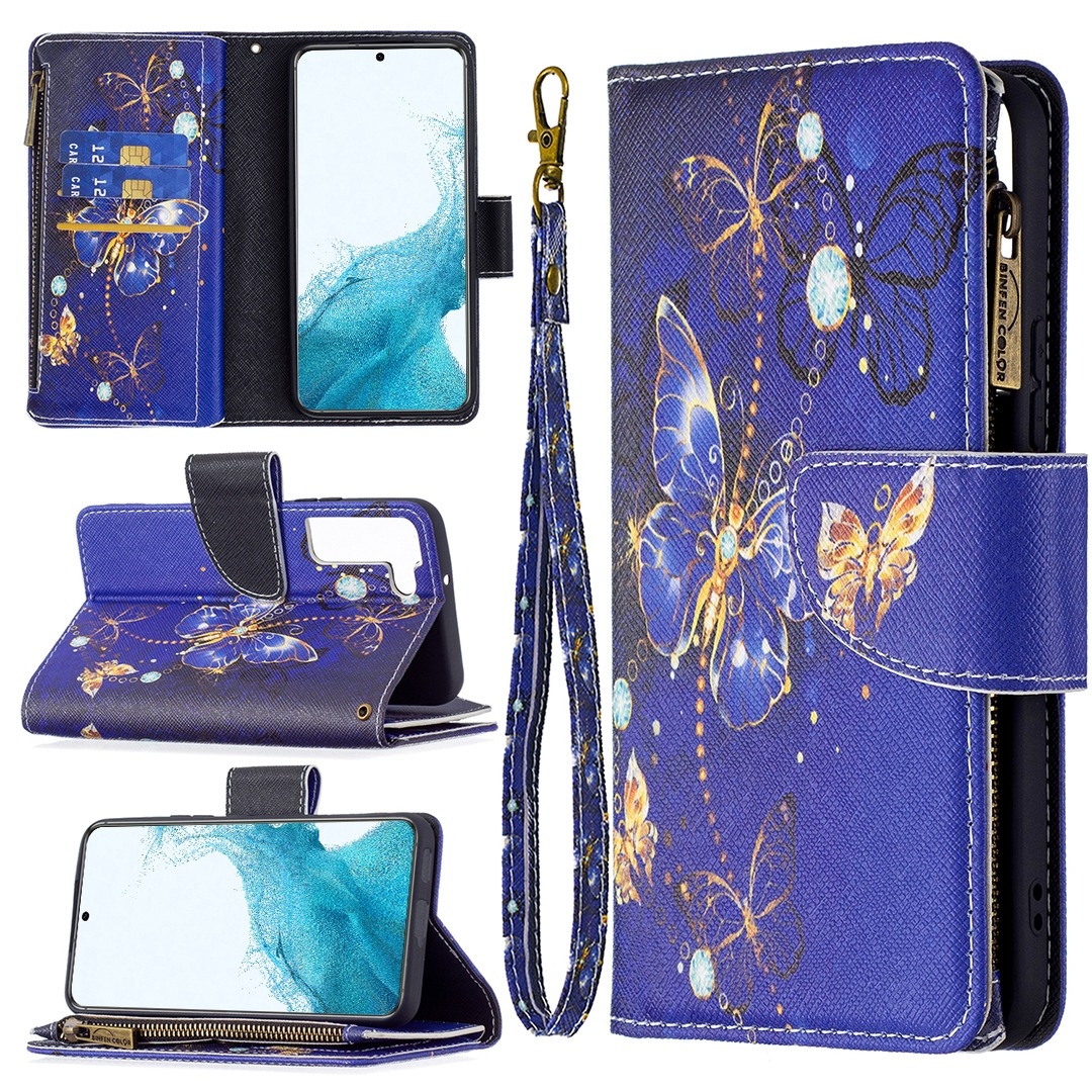 For Samsung Galaxy S22 5G Colored Drawing Pattern Zipper Horizontal Flip Phone Leather Case with Holder & Card Slots & Wallet(Purple Butterfly) For Samsung Galaxy S22 5G Colored Drawing Pattern Zipper Horizontal Flip Phone Leather Case with Holder & Card Slots & Wallet(Purple Butterfly)