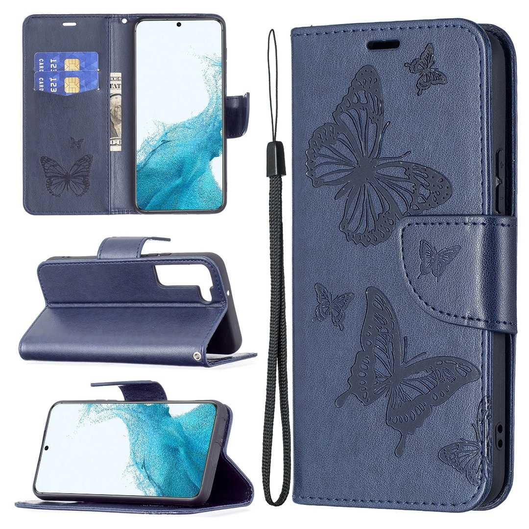 For Samsung Galaxy S22 5G Embossing Two Butterflies Pattern Leather Phone Case with Holder & Card Slot & Wallet & Lanyard(Blue) For Samsung Galaxy S22 5G Embossing Two Butterflies Pattern Leather Phone Case with Holder & Card Slot & Wallet & Lanyard(Blue)