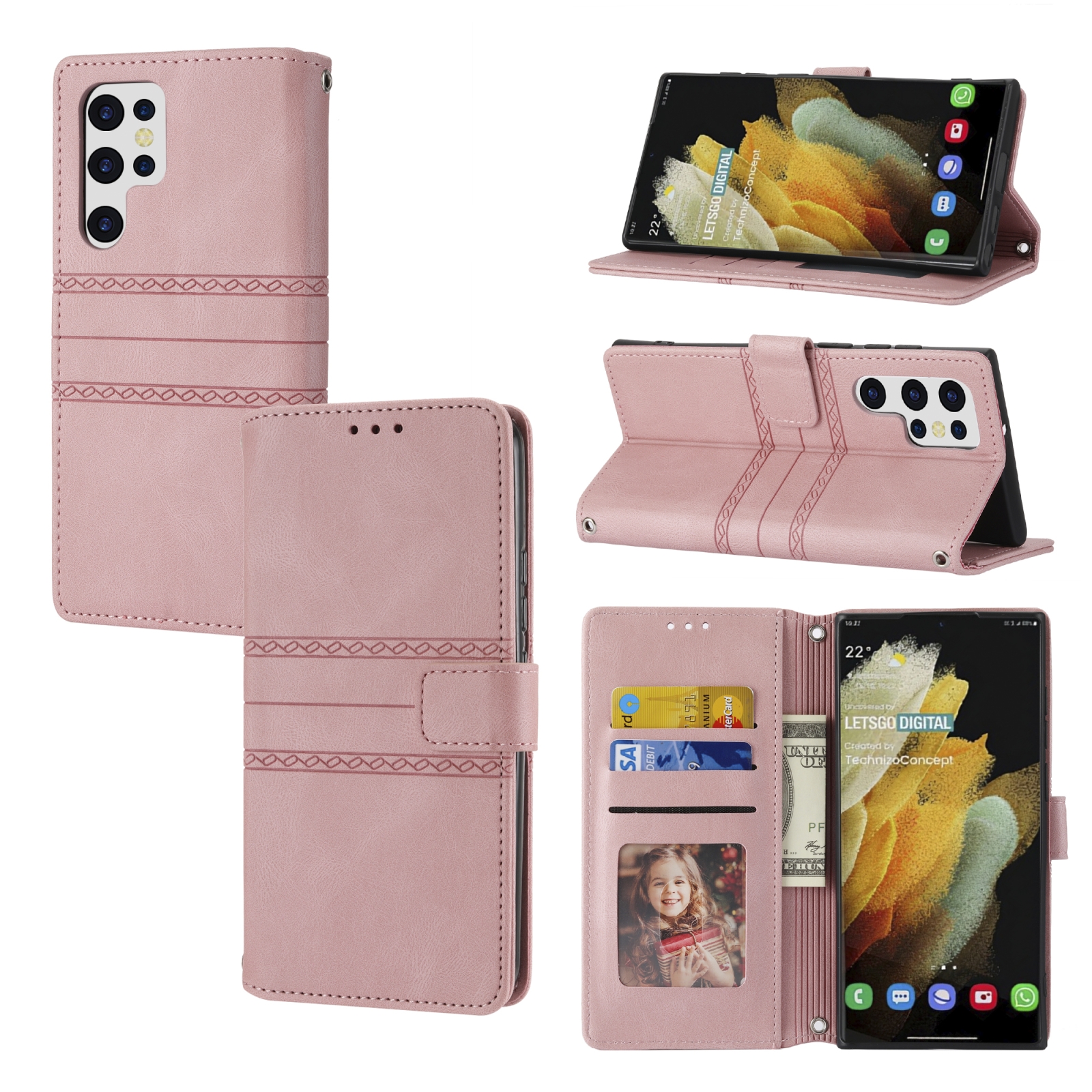 For Samaung Galaxy S22 Ultra 5G Embossed Striped Magnetic Buckle Horizontal Flip Phone Leather Case(Pink)
