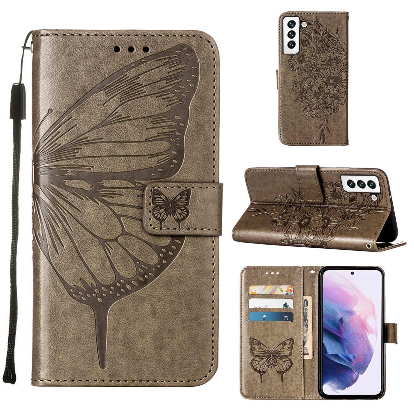 For Samsung Galaxy S22 5G Embossed Butterfly Leather Phone Case with Holder & Card Slot & Wallet & Lanyard(Grey) For Samsung Galaxy S22 5G Embossed Butterfly Leather Phone Case with Holder & Card Slot & Wallet & Lanyard(Grey)