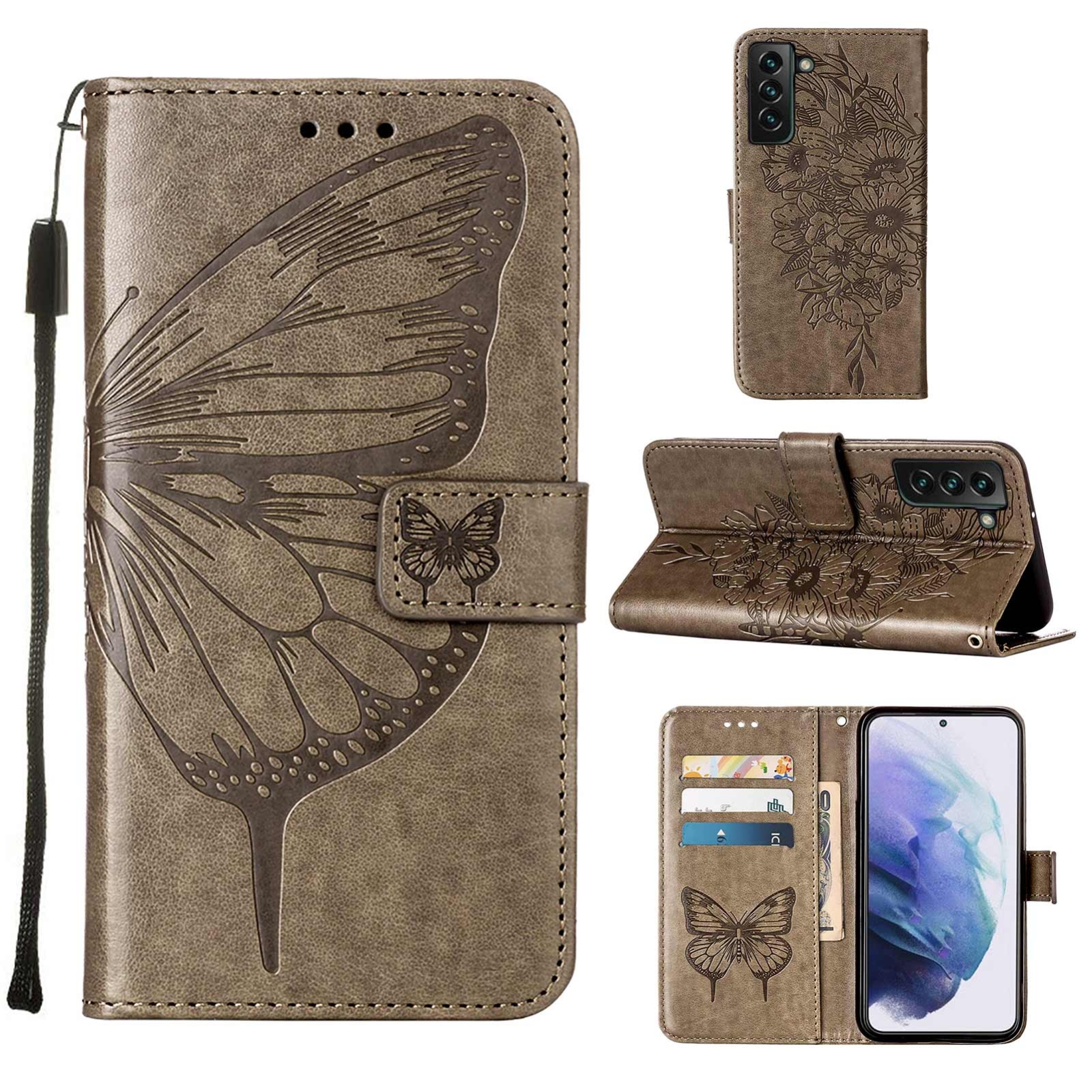 For Samsung Galaxy S22+ 5G Embossed Butterfly Leather Phone Case with Holder & Card Slot & Wallet & Lanyard(Grey) For Samsung Galaxy S22+ 5G Embossed Butterfly Leather Phone Case with Holder & Card Slot & Wallet & Lanyard(Grey)