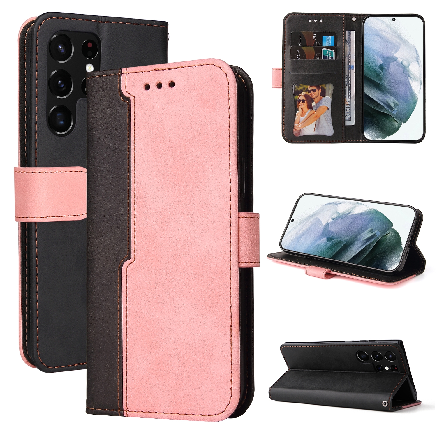 For Samsung Galaxy S22 UItra 5G Business Stitching-Color Horizontal Flip PU Leather Phone Case(Pink) For Samsung Galaxy S22 UItra 5G Business Stitching-Color Horizontal Flip PU Leather Phone Case(Pink)
