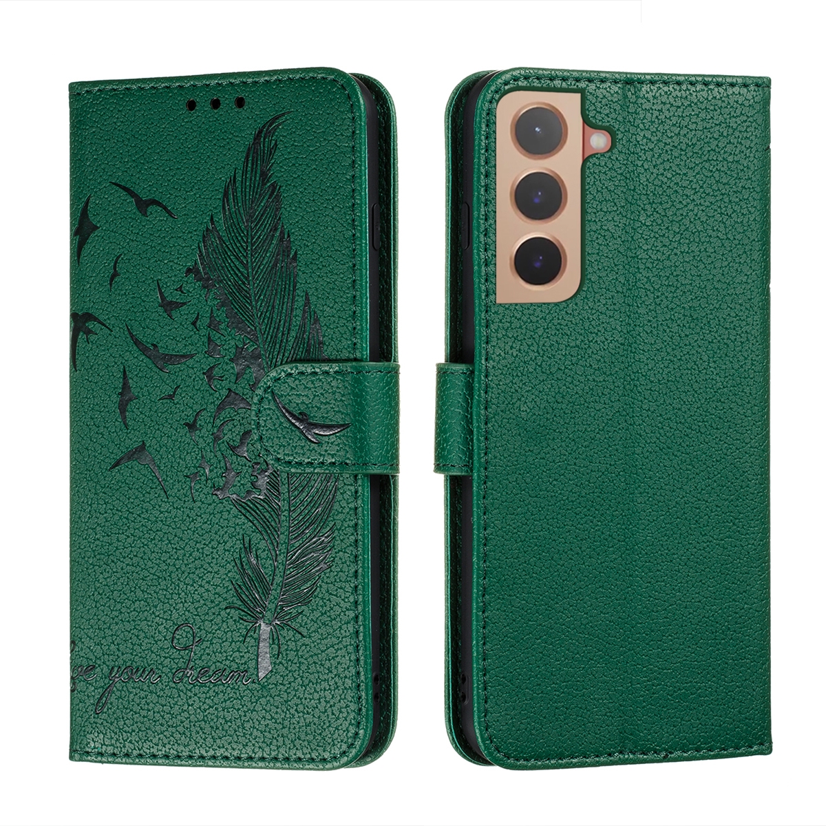 For Samsung Galaxy S22 5G Feather Pattern Litchi Texture Leather Phone Case with Holder & Card Slots & Wallet(Green) For Samsung Galaxy S22 5G Feather Pattern Litchi Texture Leather Phone Case with Holder & Card Slots & Wallet(Green)