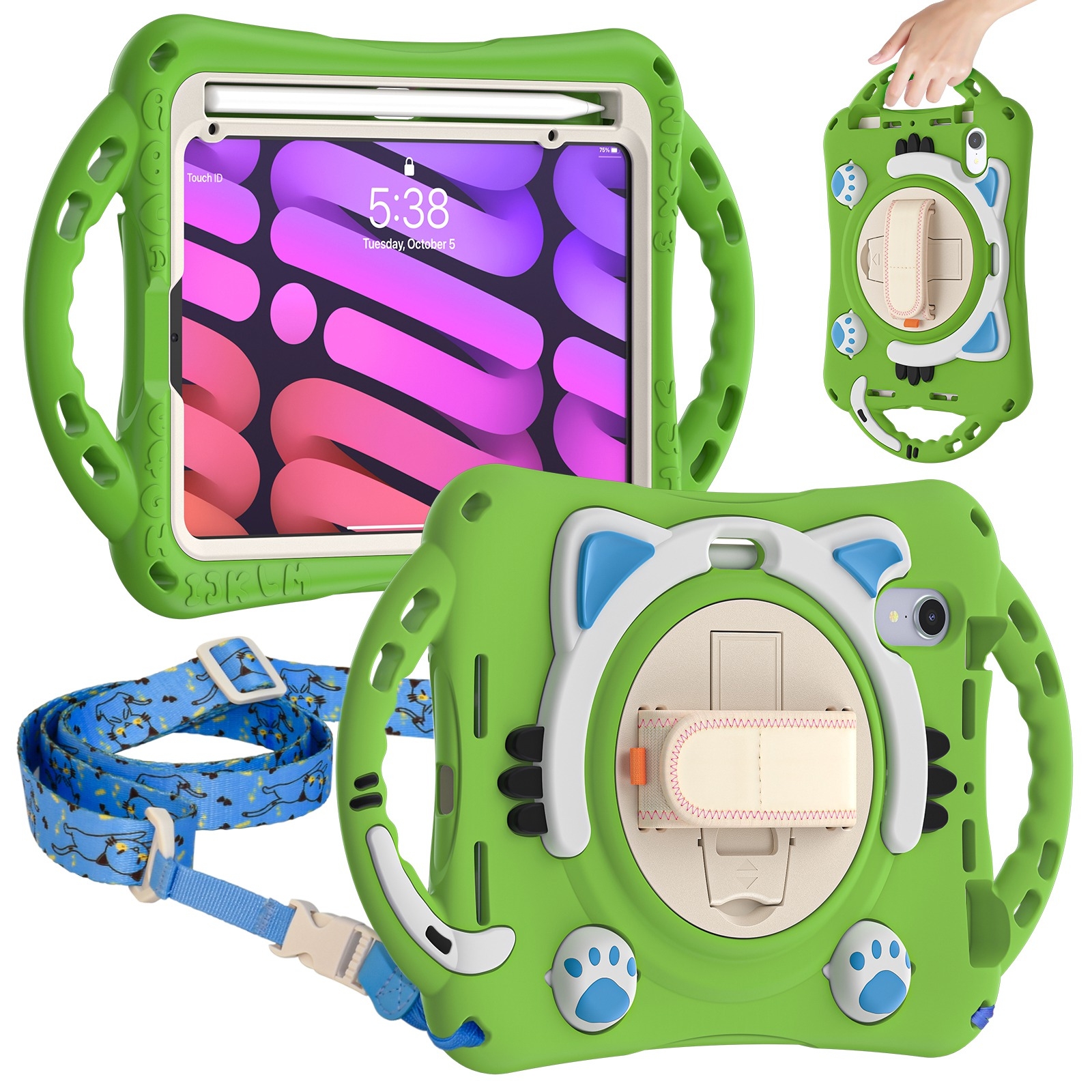 For iPad mini 6 / mini 2024 Cute Cat King Kids Shockproof Silicone Tablet Case with Holder & Shoulder Strap & Handle(Green) For iPad mini 6 / mini 2024 Cute Cat King Kids Shockproof Silicone Tablet Case with Holder & Shoulder Strap & Handle(Green)