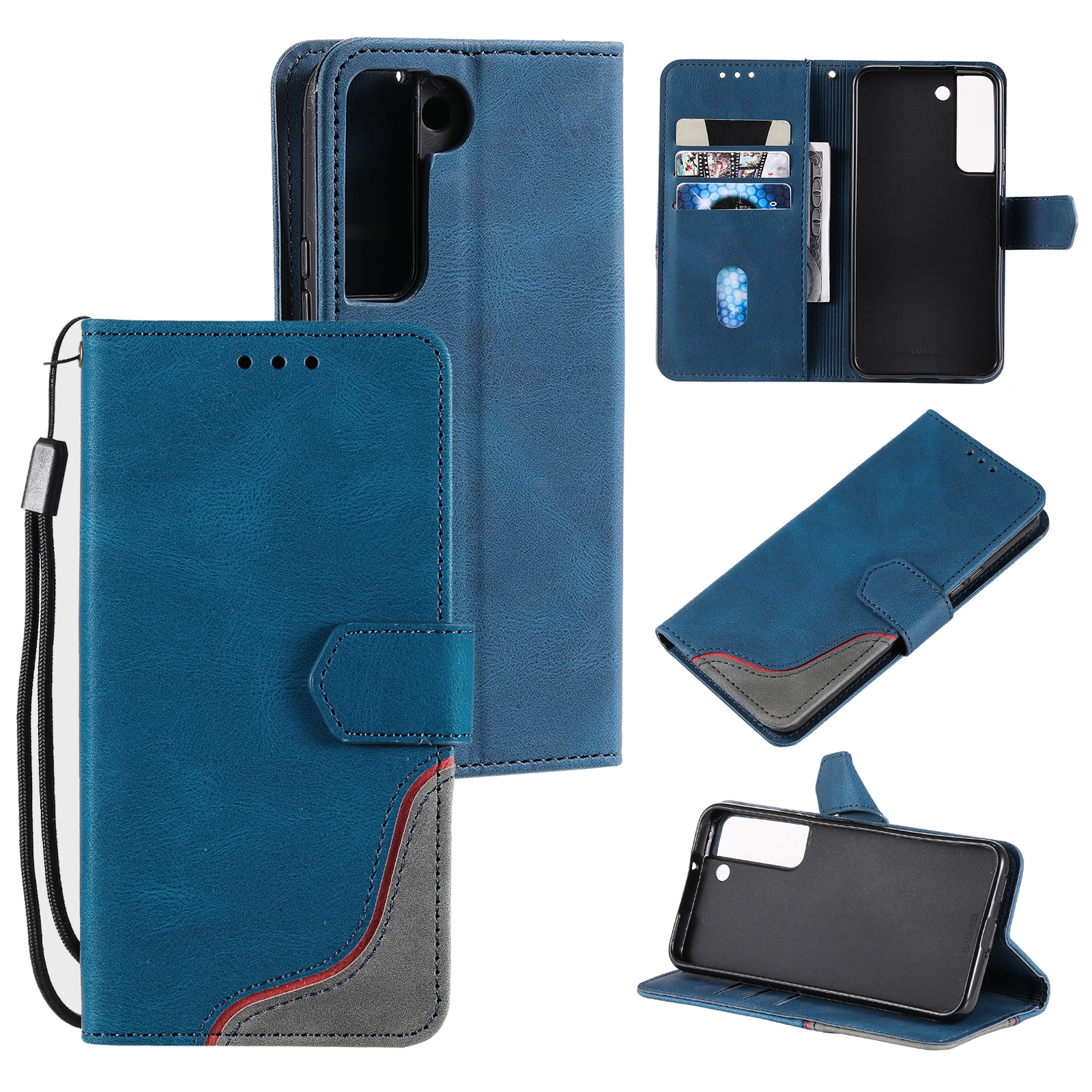 For Samsung Galaxy S22 5G Three-color Stitching Calf Texture Horizontal Flip Phone Leather Case with Holder & Card Slots & Wallet(Blue) For Samsung Galaxy S22 5G Three-color Stitching Calf Texture Horizontal Flip Phone Leather Case with Holder & Card Slots & Wallet(Blue)