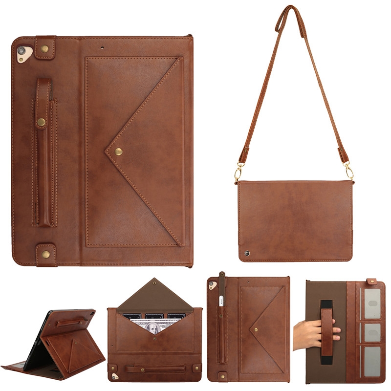 For iPad Pro 12.9 inch (2017) Envelope Horizontal Flip PU Leather Case with Card Slots & Pen Slots & Holder & Wallet & Photo Frame & Shoulder Strap(Coffee)