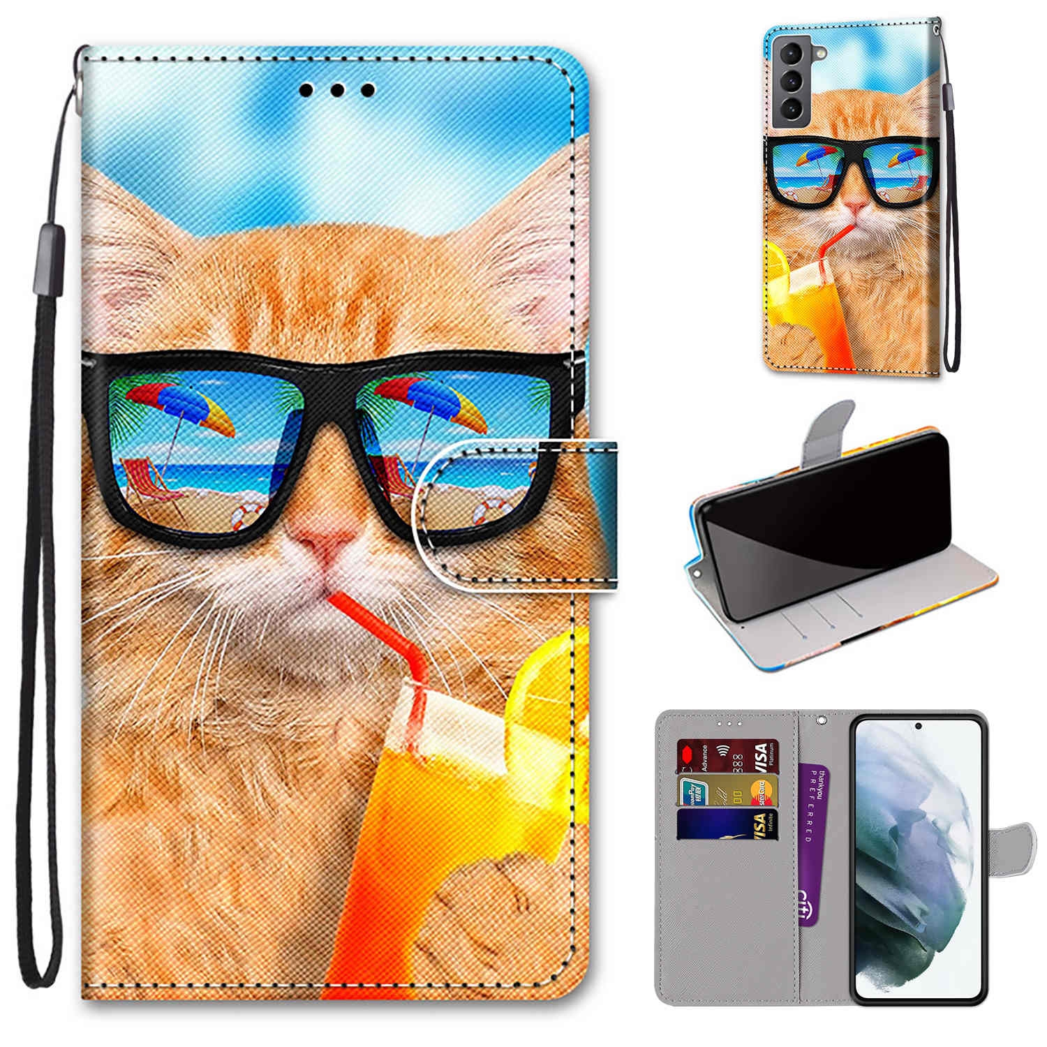 For Samsung Galaxy S22 5G Coloured Drawing Cross Texture Horizontal Flip Leather Phone Case with Holder & Card Slots & Wallet & Lanyard(Cat Drinking Soda) For Samsung Galaxy S22 5G Coloured Drawing Cross Texture Horizontal Flip Leather Phone Case with Holder & Card Slots & Wallet & Lanyard(Cat Drinking Soda)