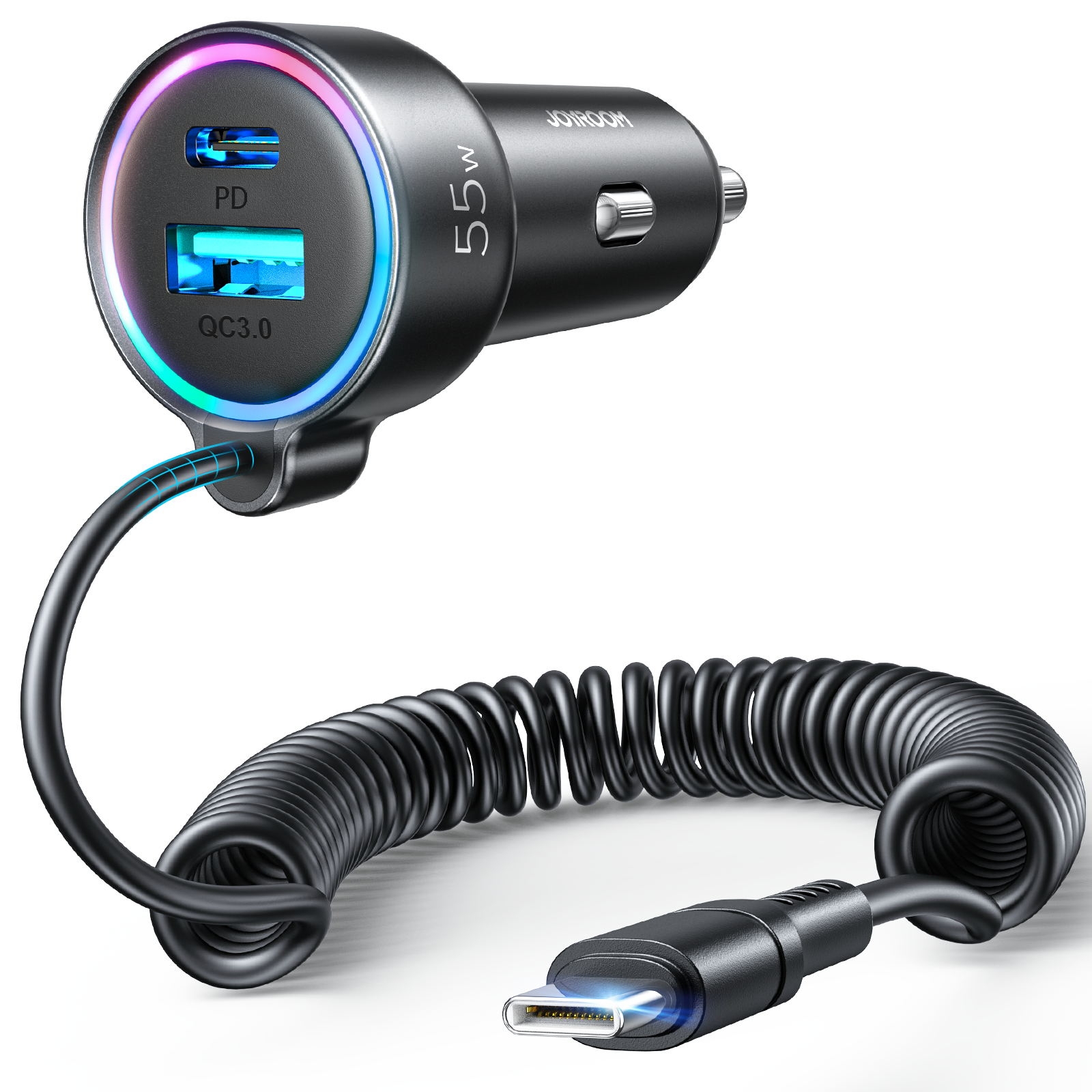 JOYROOM JR-CL07 3 in 1 55W PD USB-C / Type-C + USB Interface Car Charger with USB-C / Type-C Spring Data Cable(Black) JOYROOM JR-CL07 3 in 1 55W PD USB-C / Type-C + USB Interface Car Charger with USB-C / Type-C Spring Data Cable(Black)