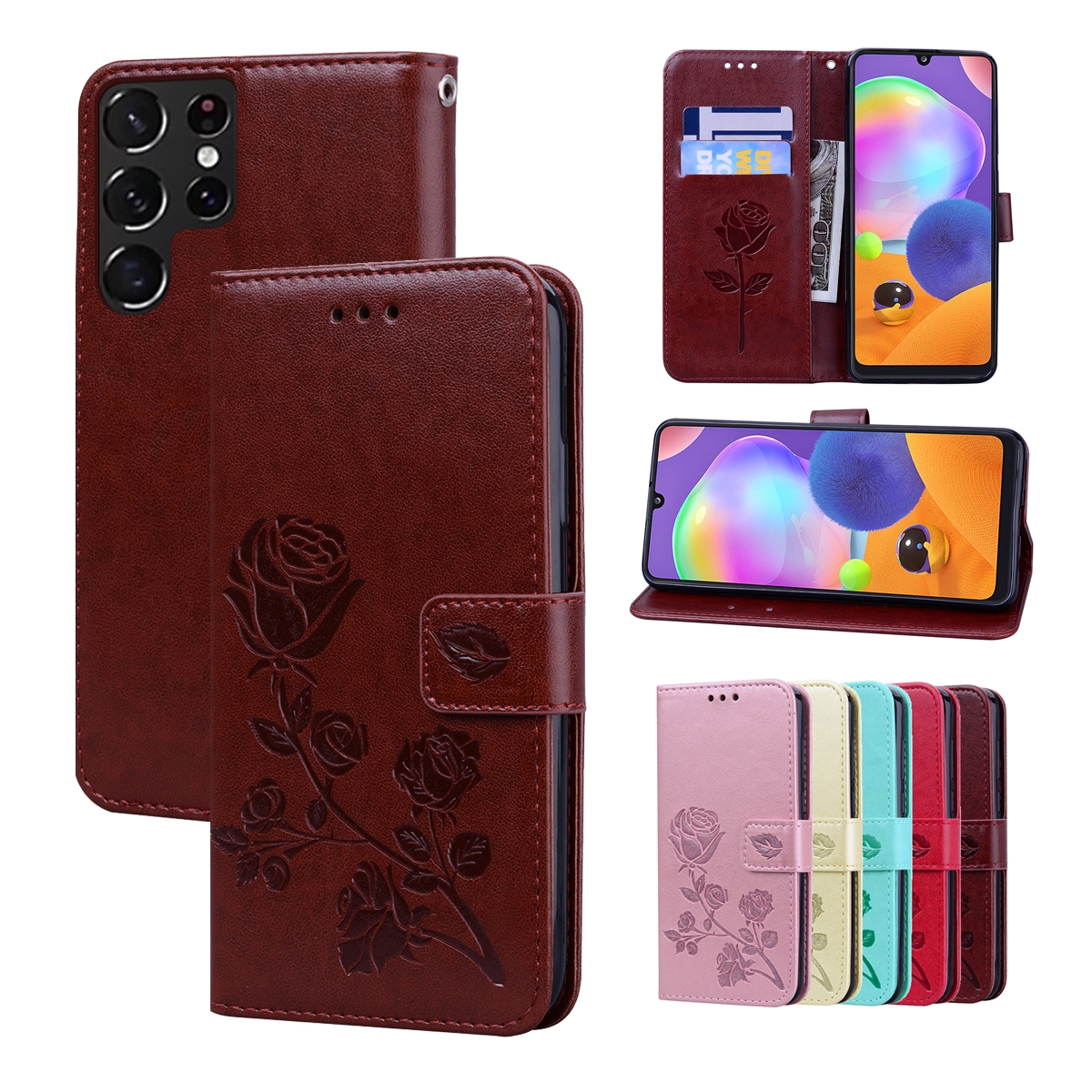 For Samsung Galaxy S22 Ultra 5G Rose Embossed Leather Phone Case(Brown) For Samsung Galaxy S22 Ultra 5G Rose Embossed Leather Phone Case(Brown)