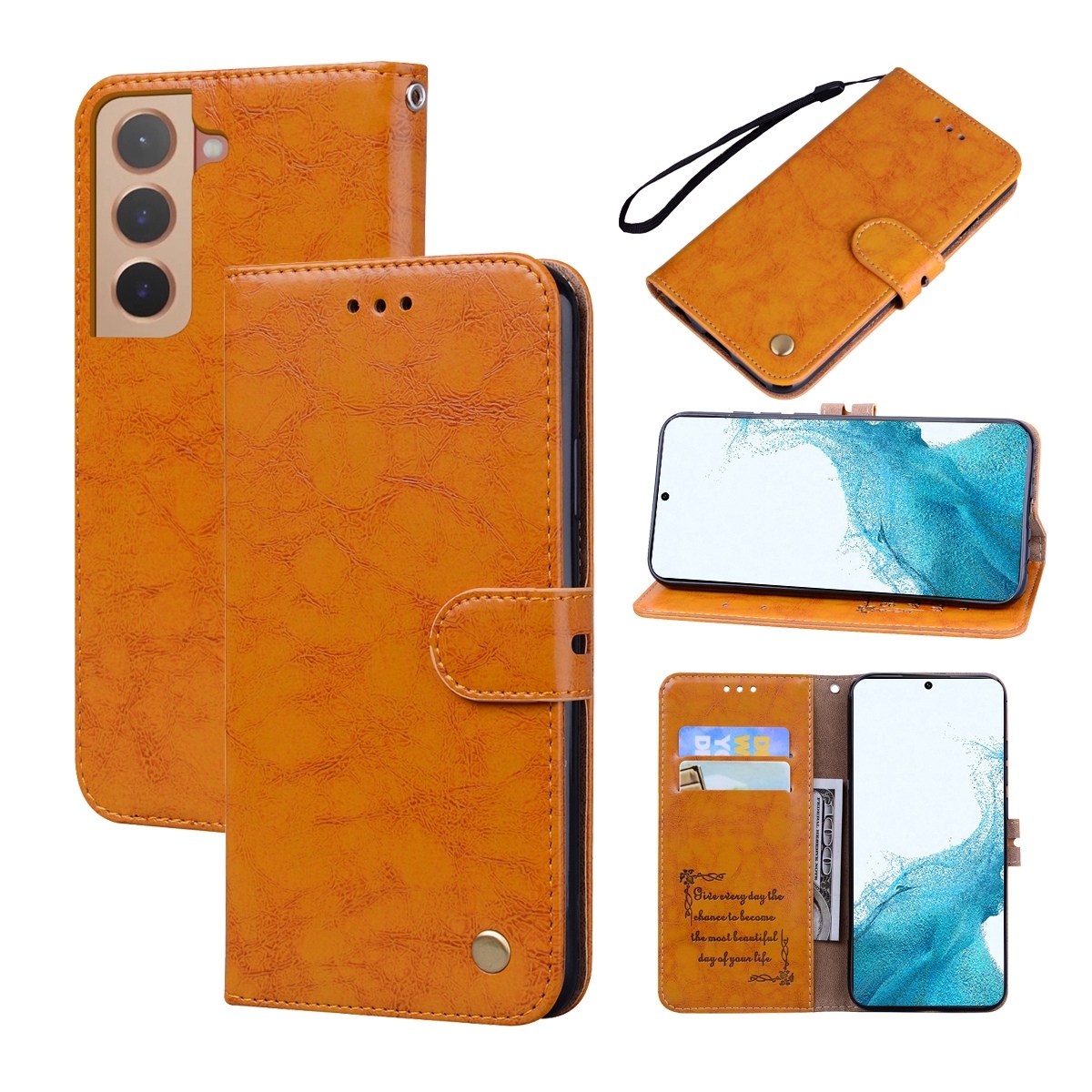 For Samsung Galaxy S22 5G Oil Wax Texture Leather Phone Case(Yellow) For Samsung Galaxy S22 5G Oil Wax Texture Leather Phone Case(Yellow)