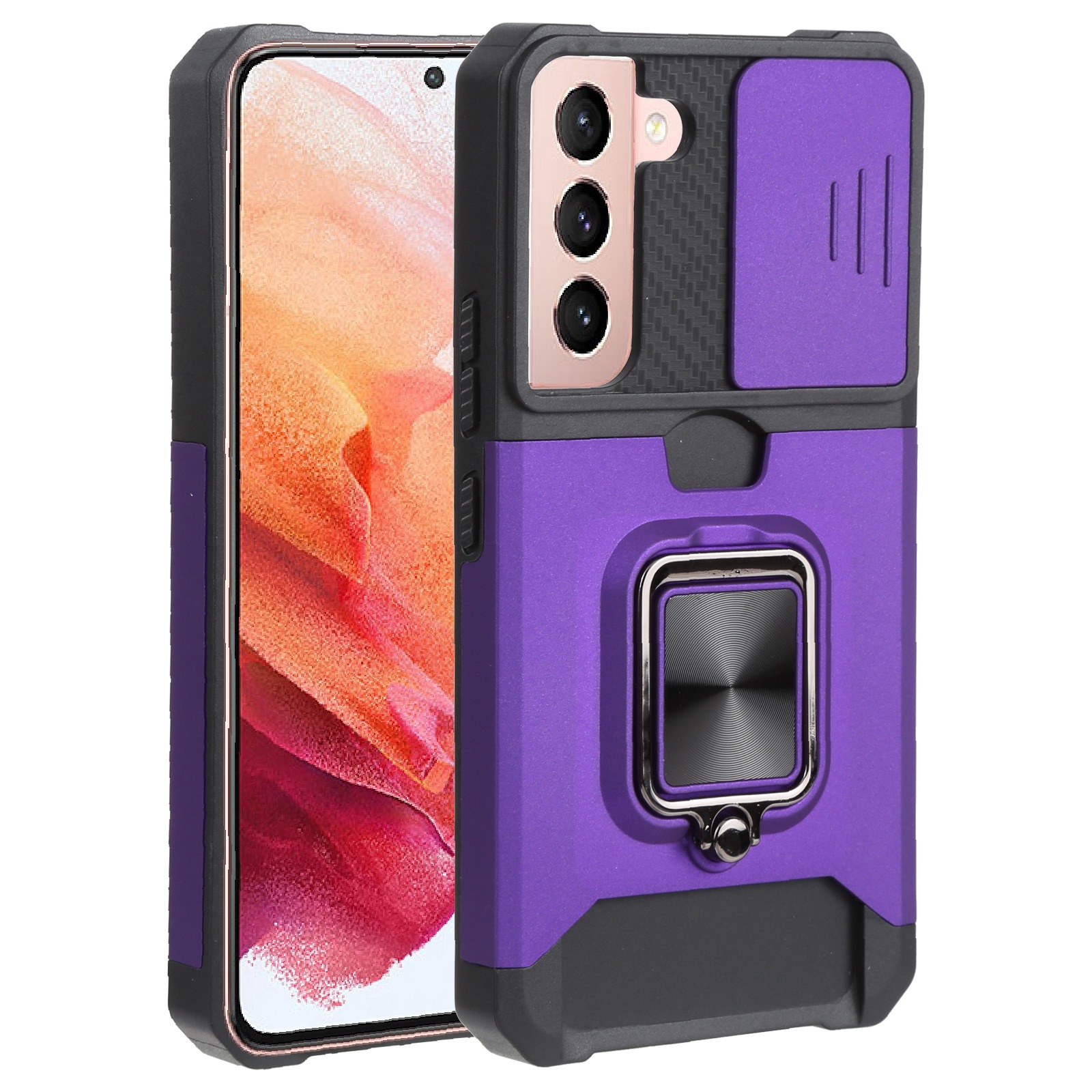 For Samsung Galaxy S22 5G Sliding Camera Cover Design PC + TPU Shockproof Phone Case with Ring Holder & Card Slot(Purple) For Samsung Galaxy S22 5G Sliding Camera Cover Design PC + TPU Shockproof Phone Case with Ring Holder & Card Slot(Purple)