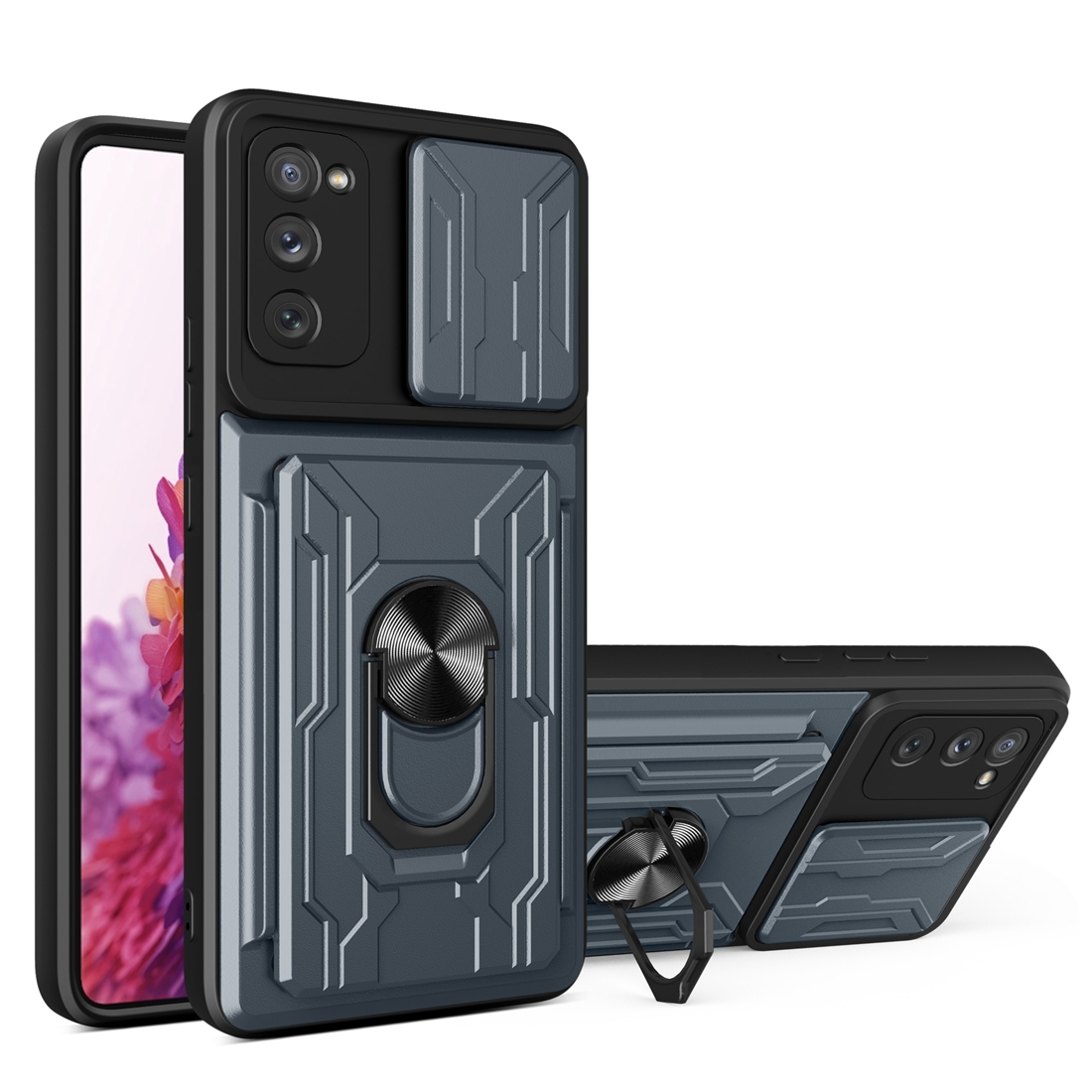 For Samsung Galaxy S20 FE Camera Cover Phone Case with Card Slot & Holder(Grey) For Samsung Galaxy S20 FE Camera Cover Phone Case with Card Slot & Holder(Grey)