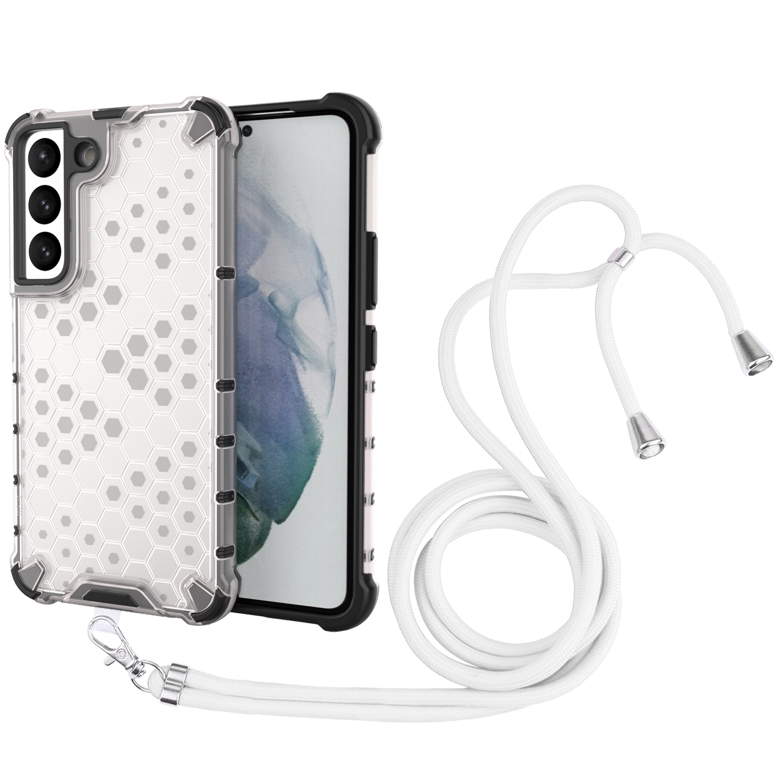 For Samsung Galaxy S22 5G Lanyard Honeycomb PC + TPU Case(White) For Samsung Galaxy S22 5G Lanyard Honeycomb PC + TPU Case(White)