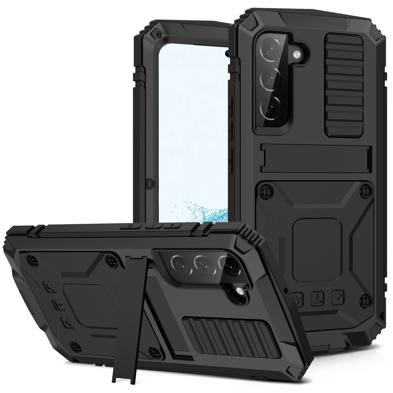 For Samsung Galaxy S22 5G R-JUST Metal + Silicone Holder Phone Case(Black) For Samsung Galaxy S22 5G R-JUST Metal + Silicone Holder Phone Case(Black)