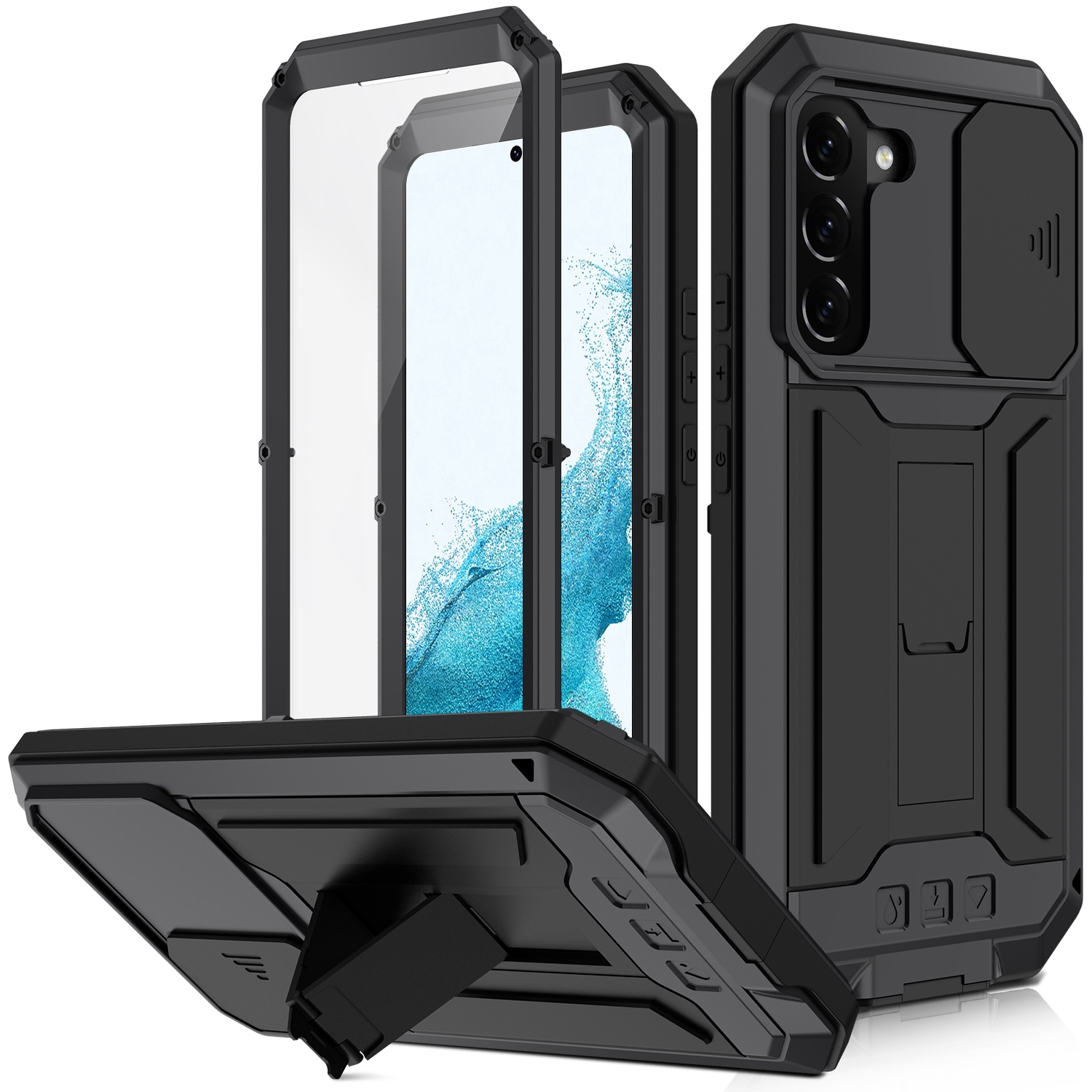 For Samsung Galaxy S22 5G R-JUST Sliding Camera Metal + Silicone Holder Phone Case(Black) For Samsung Galaxy S22 5G R-JUST Sliding Camera Metal + Silicone Holder Phone Case(Black)