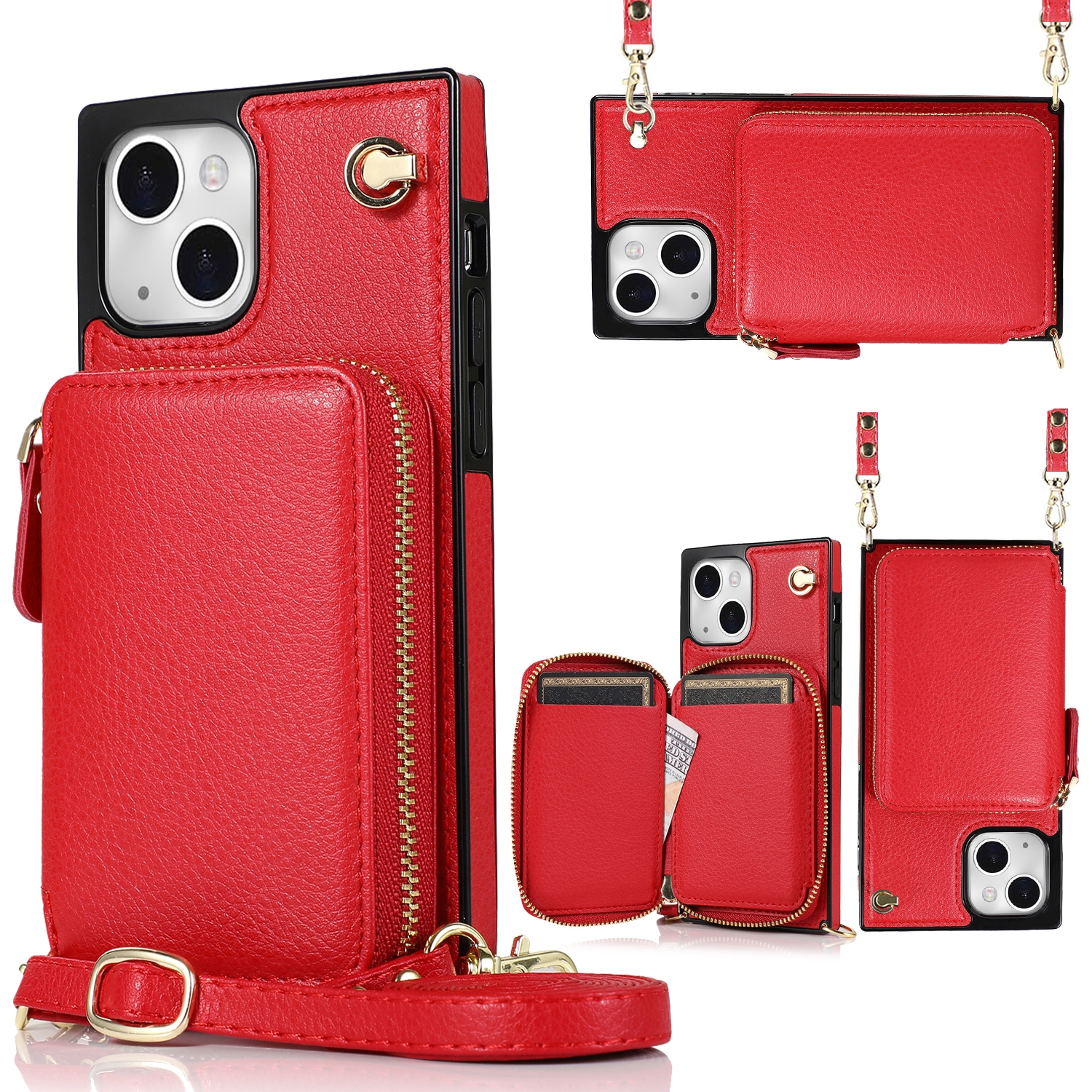 For iPhone 13 mini Cross-body Zipper Big Wallet Bag Square TPU + PU Back Phone Case with Holder (Red) For iPhone 13 mini Cross-body Zipper Big Wallet Bag Square TPU + PU Back Phone Case with Holder (Red)