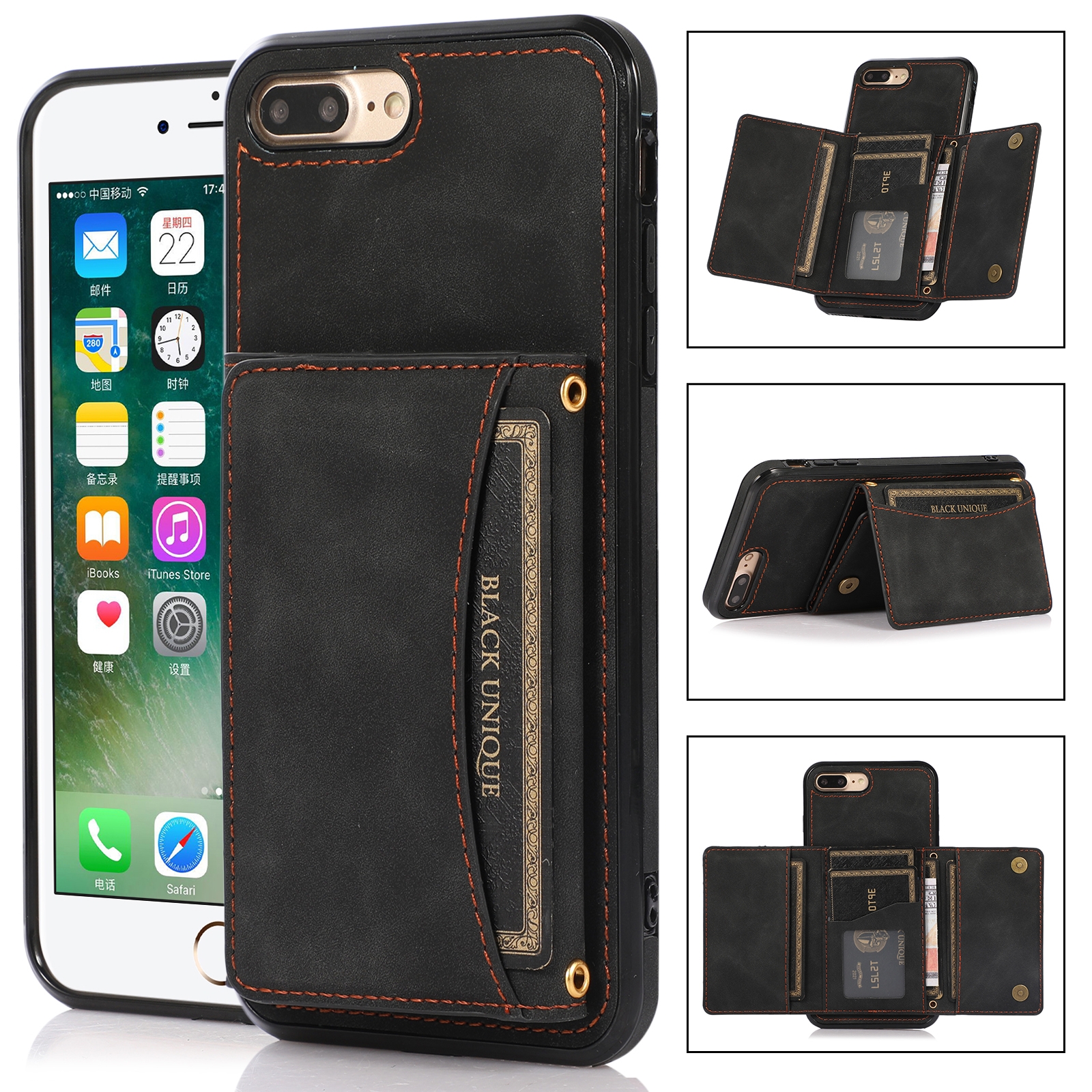 Three-fold Leather Phone Case with Card Slot & Wallet & Holder For iPhone 8 Plus & 7 Plus(Black) Three-fold Leather Phone Case with Card Slot & Wallet & Holder For iPhone 8 Plus & 7 Plus(Black)