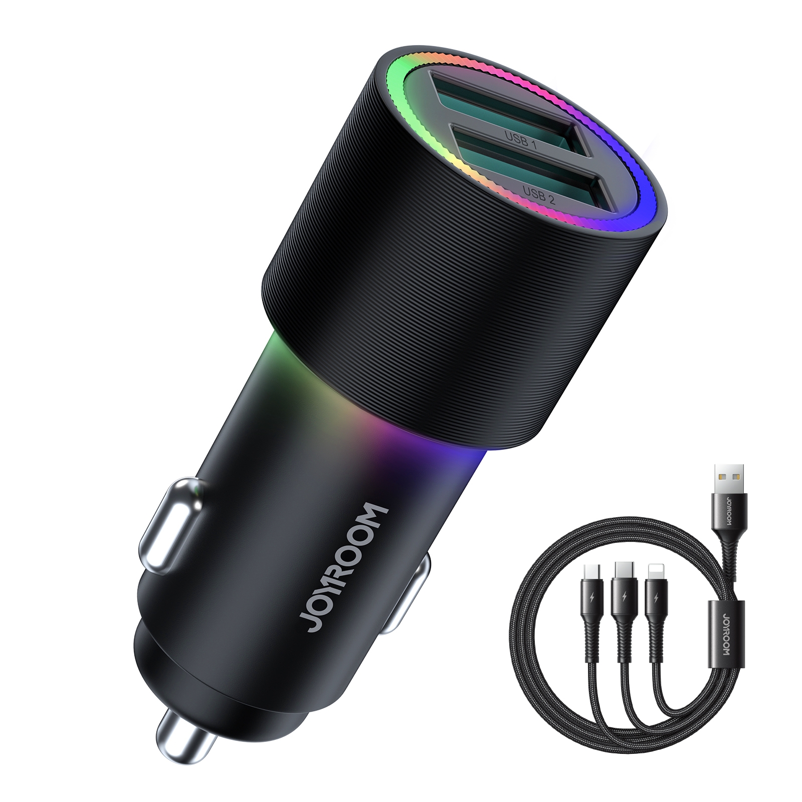 JOYROOM JR-CL10 4.8A Dual USB Car Charger with 3 In 1 Charging Cable(Black) JOYROOM JR-CL10 4.8A Dual USB Car Charger with 3 In 1 Charging Cable(Black)