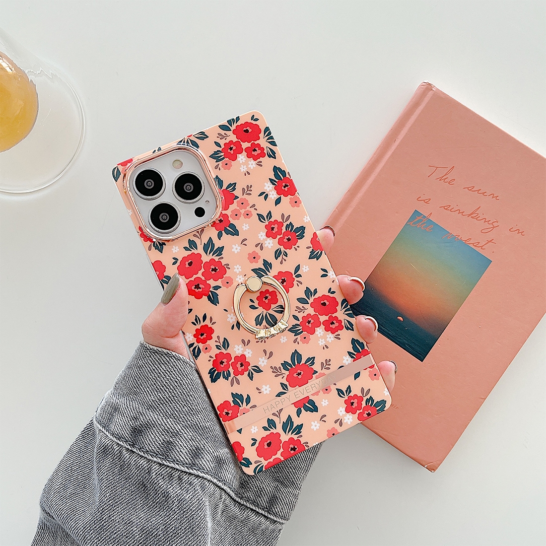 For iPhone 11 Pro Square Plating Gold Edge Phone Case with Ring Holder (Fresh Red Flower) For iPhone 11 Pro Square Plating Gold Edge Phone Case with Ring Holder (Fresh Red Flower)