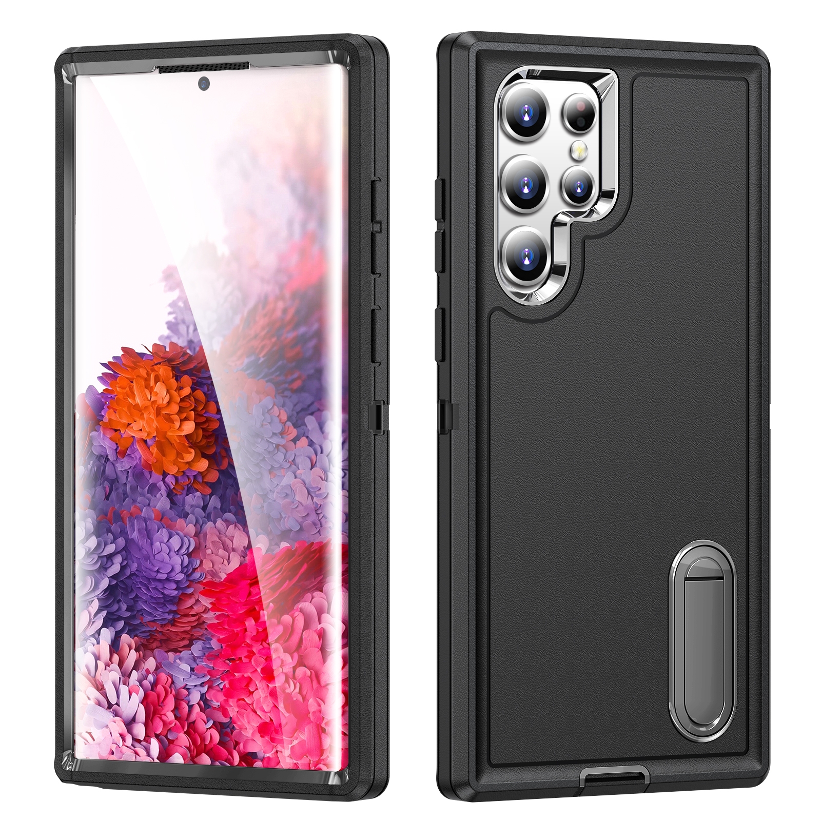 For Samsung Galaxy S22 Ultra 5G 3 in 1 Rugged Holder Phone Case(Black) For Samsung Galaxy S22 Ultra 5G 3 in 1 Rugged Holder Phone Case(Black)