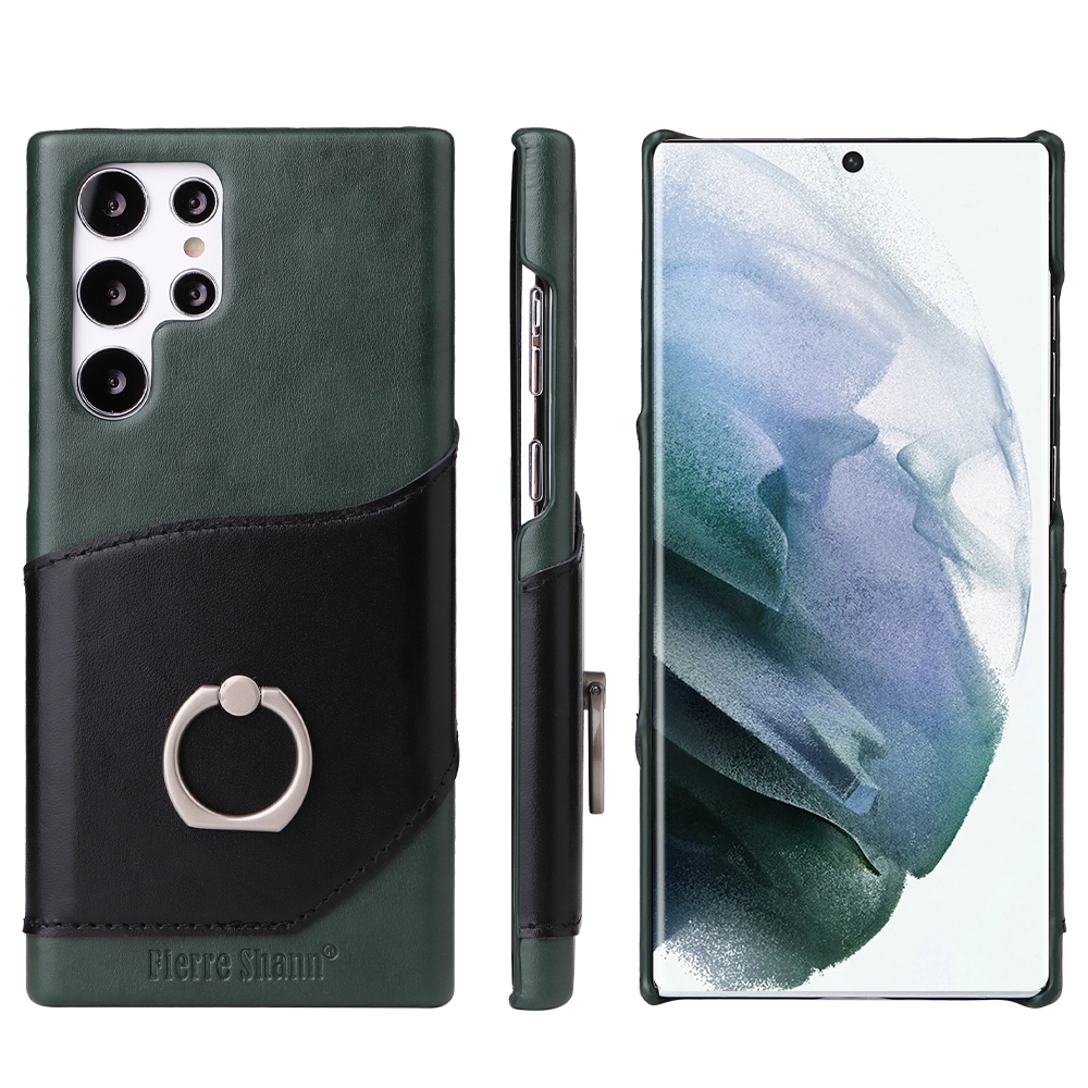 For Samsung Galaxy S22 Ultra 5G Fierre Shann Oil Wax Texture Genuine Leather Back Phone Case with 360 Degree Rotation Holder & Card Slot(Black) For Samsung Galaxy S22 Ultra 5G Fierre Shann Oil Wax Texture Genuine Leather Back Phone Case with 360 Degree Rotation Holder & Card Slot(Black)