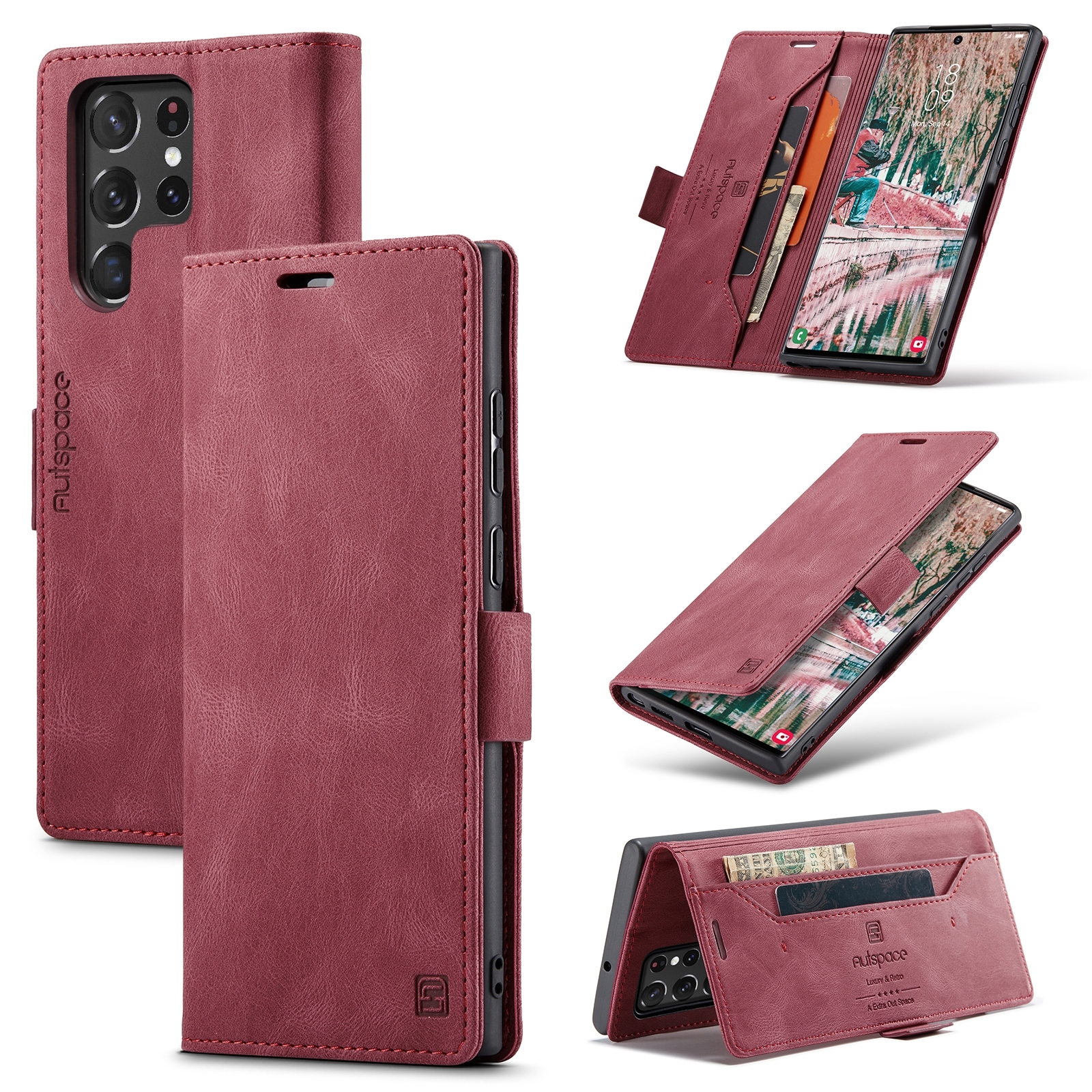 For Samsung Galaxy S22 Ultra 5G AutSpace A01 Retro Skin-feel Crazy Horse RFID Leather Phone Case(Wine Red) For Samsung Galaxy S22 Ultra 5G AutSpace A01 Retro Skin-feel Crazy Horse RFID Leather Phone Case(Wine Red)