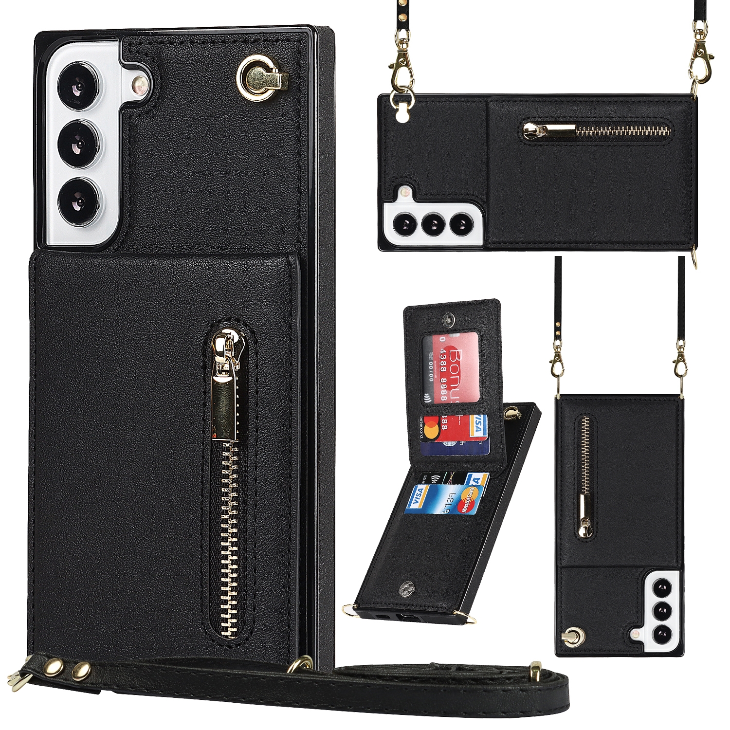 For Samsung Galaxy S22 5G Cross-body Square Zipper Card Holder Bag Phone Case(Black) For Samsung Galaxy S22 5G Cross-body Square Zipper Card Holder Bag Phone Case(Black)