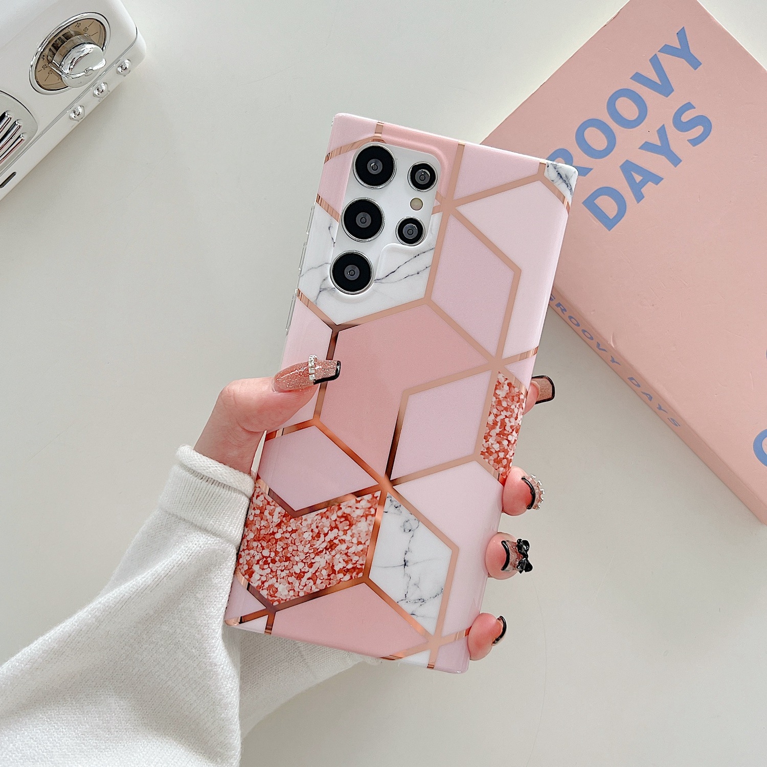 For Samsung Galaxy S22 5G Electroplated Splicing Marble TPU Phone Case(Pink Lattice) For Samsung Galaxy S22 5G Electroplated Splicing Marble TPU Phone Case(Pink Lattice)