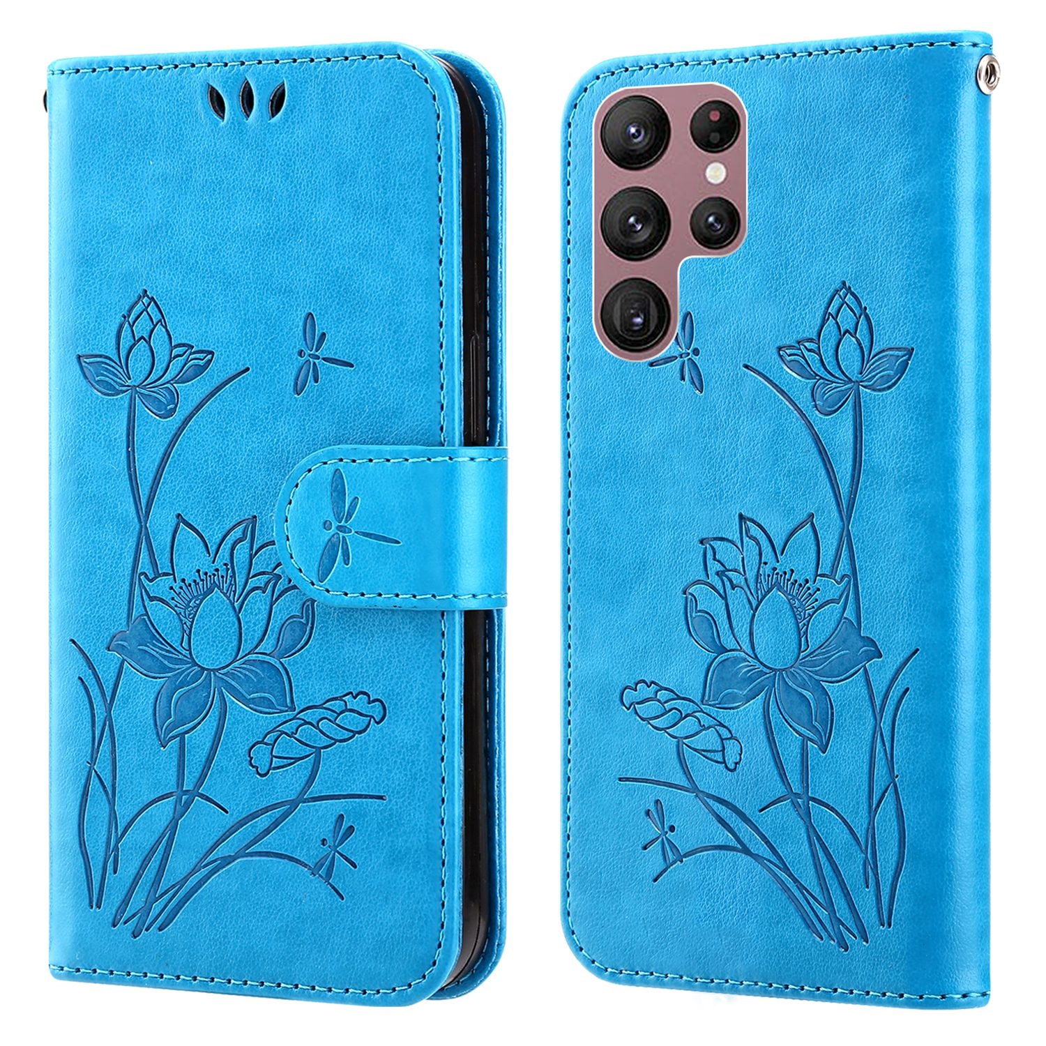 For Samsung Galaxy S22 Ultra 5G Lotus Embossed Leather Phone Case(Blue) For Samsung Galaxy S22 Ultra 5G Lotus Embossed Leather Phone Case(Blue)