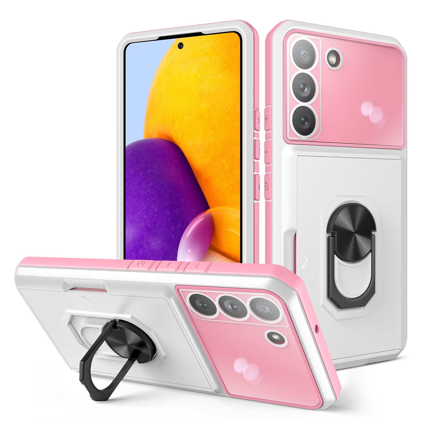 For Samsung Galaxy S22 5G Card Ring Holder PC + TPU Phone Case(White+Pink) For Samsung Galaxy S22 5G Card Ring Holder PC + TPU Phone Case(White+Pink)
