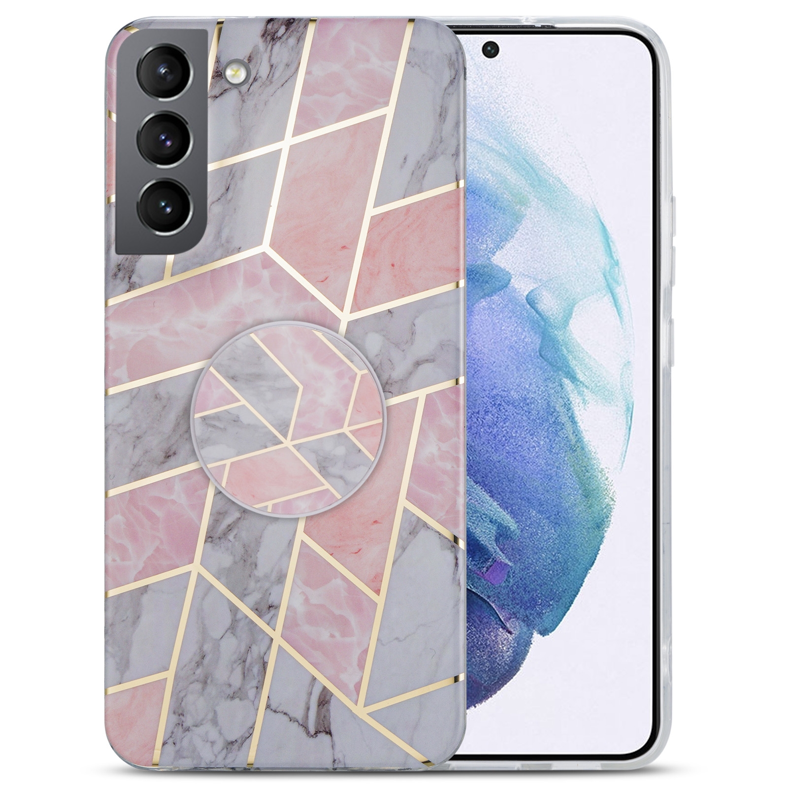 For Samsung Galaxy S21 5G IMD Marble TPU Phone Case with Holder(Pink Grey) For Samsung Galaxy S21 5G IMD Marble TPU Phone Case with Holder(Pink Grey)