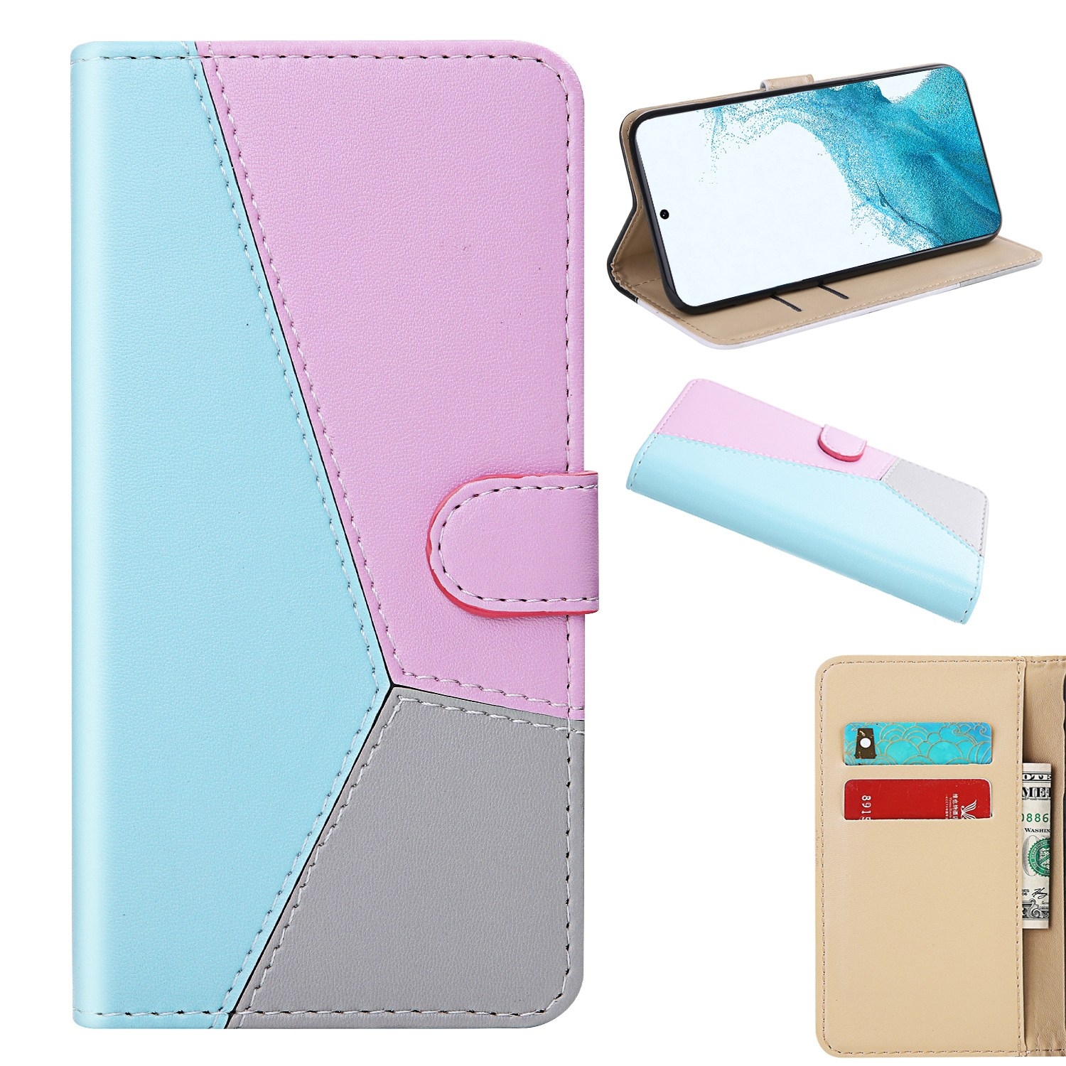 For Samsung Galaxy S22 5G Tricolor Stitching Horizontal Flip Leather Phone Case(Blue) For Samsung Galaxy S22 5G Tricolor Stitching Horizontal Flip Leather Phone Case(Blue)
