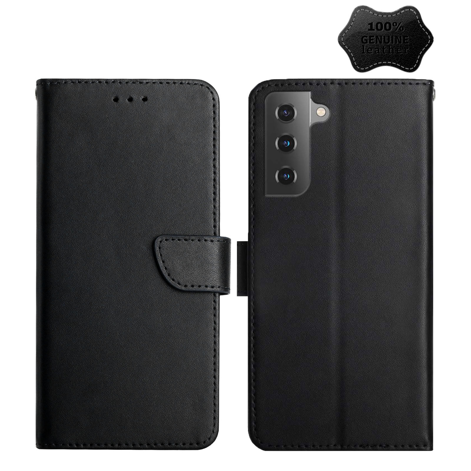 For Samsung Galaxy S22+ 5G Genuine Leather Fingerprint-proof Horizontal Flip Phone Case(Black)