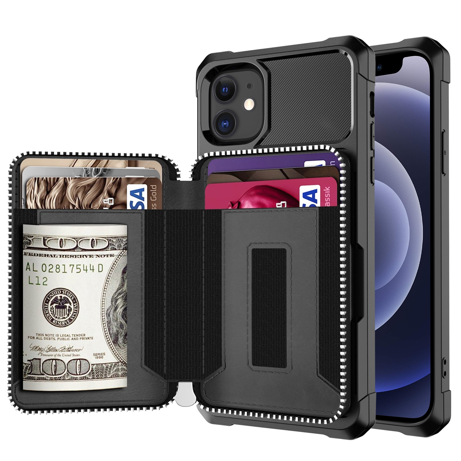 For iPhone 12 mini Zipper Wallet Card Bag PU Back Case (Black)