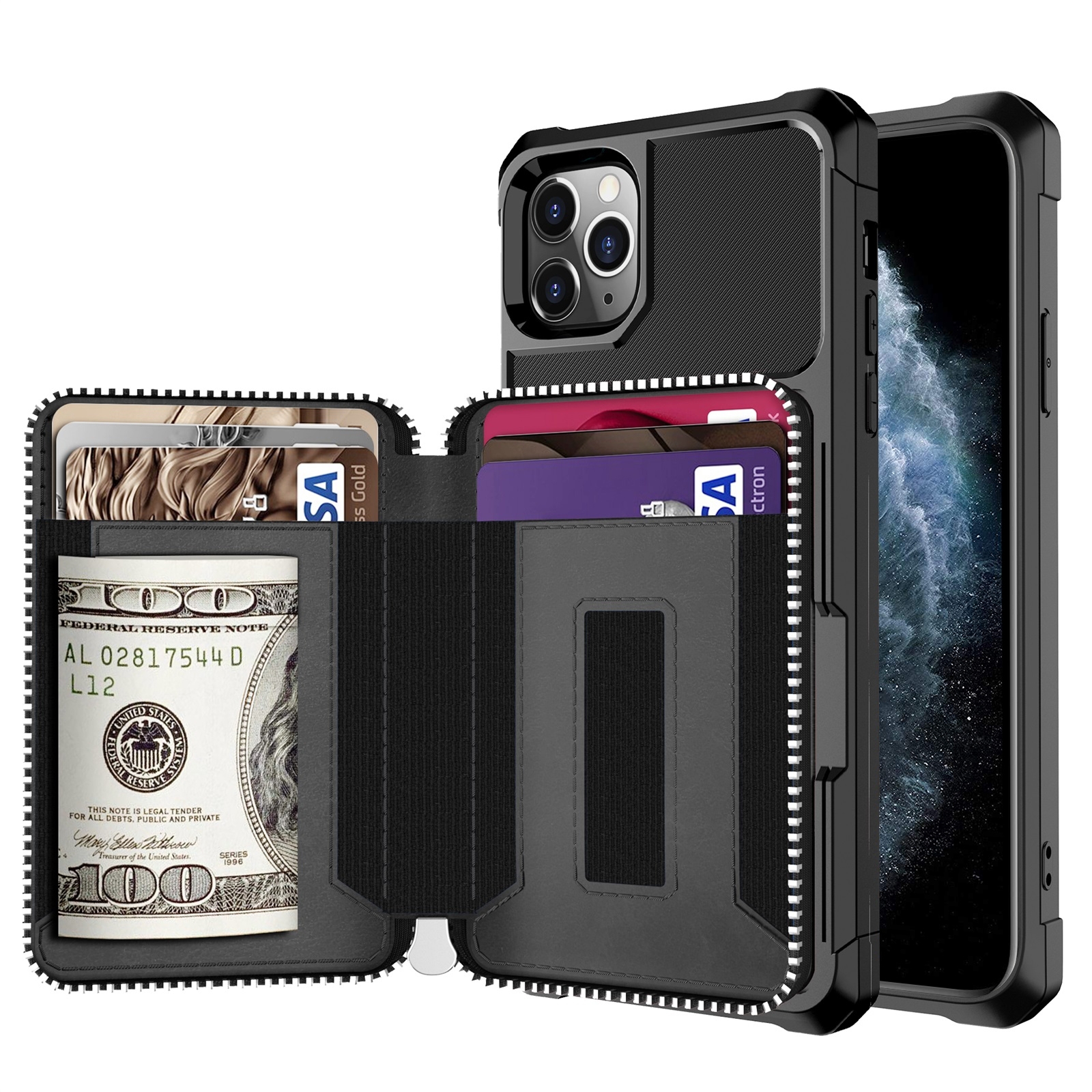 For iPhone 11 Pro Zipper Wallet Card Bag PU Back Case (Black) For iPhone 11 Pro Zipper Wallet Card Bag PU Back Case (Black)