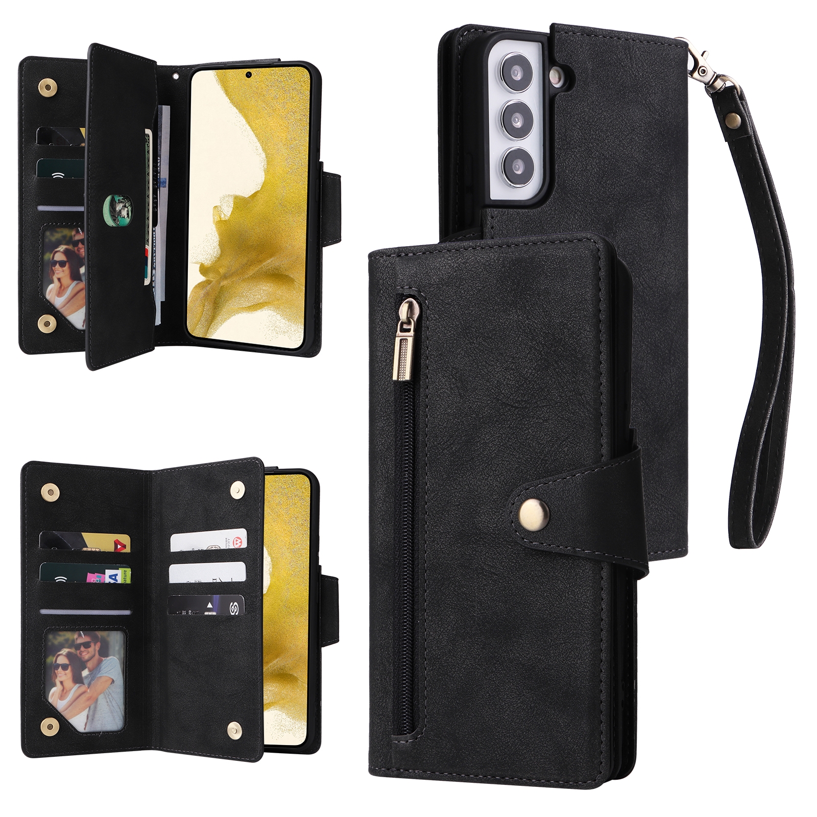 For Samsung Galaxy S22+ Rivet Buckle 9 Cards Three Fold Leather Phone Case(Black) For Samsung Galaxy S22+ Rivet Buckle 9 Cards Three Fold Leather Phone Case(Black)