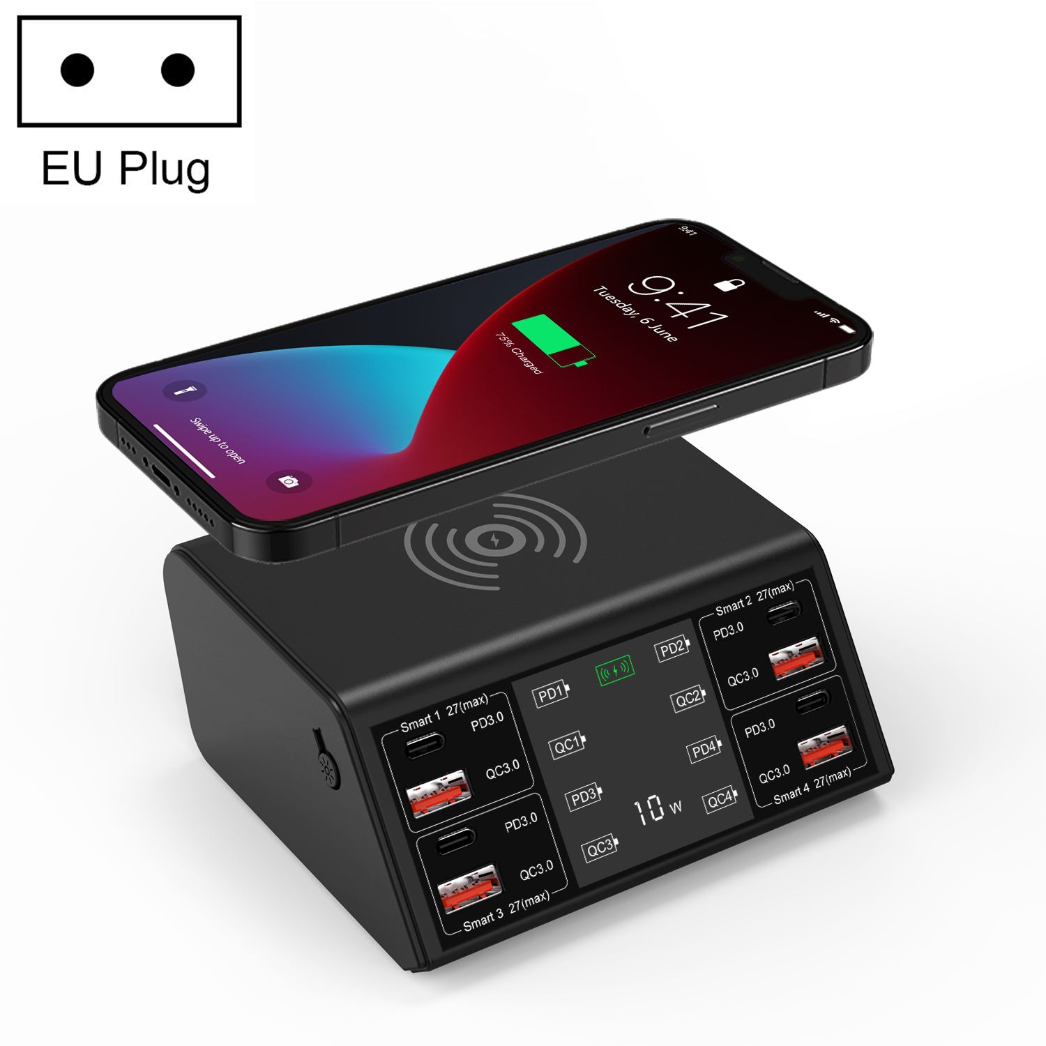 838w 9 in 1 100W 4 PD 3.0 USB-C / Type-C + 4 QC 3.0 USB Ports Smart Digital Display Wireless Charger, EU Plug(Black) 838w 9 in 1 100W 4 PD 3.0 USB-C / Type-C + 4 QC 3.0 USB Ports Smart Digital Display Wireless Charger, EU Plug(Black)