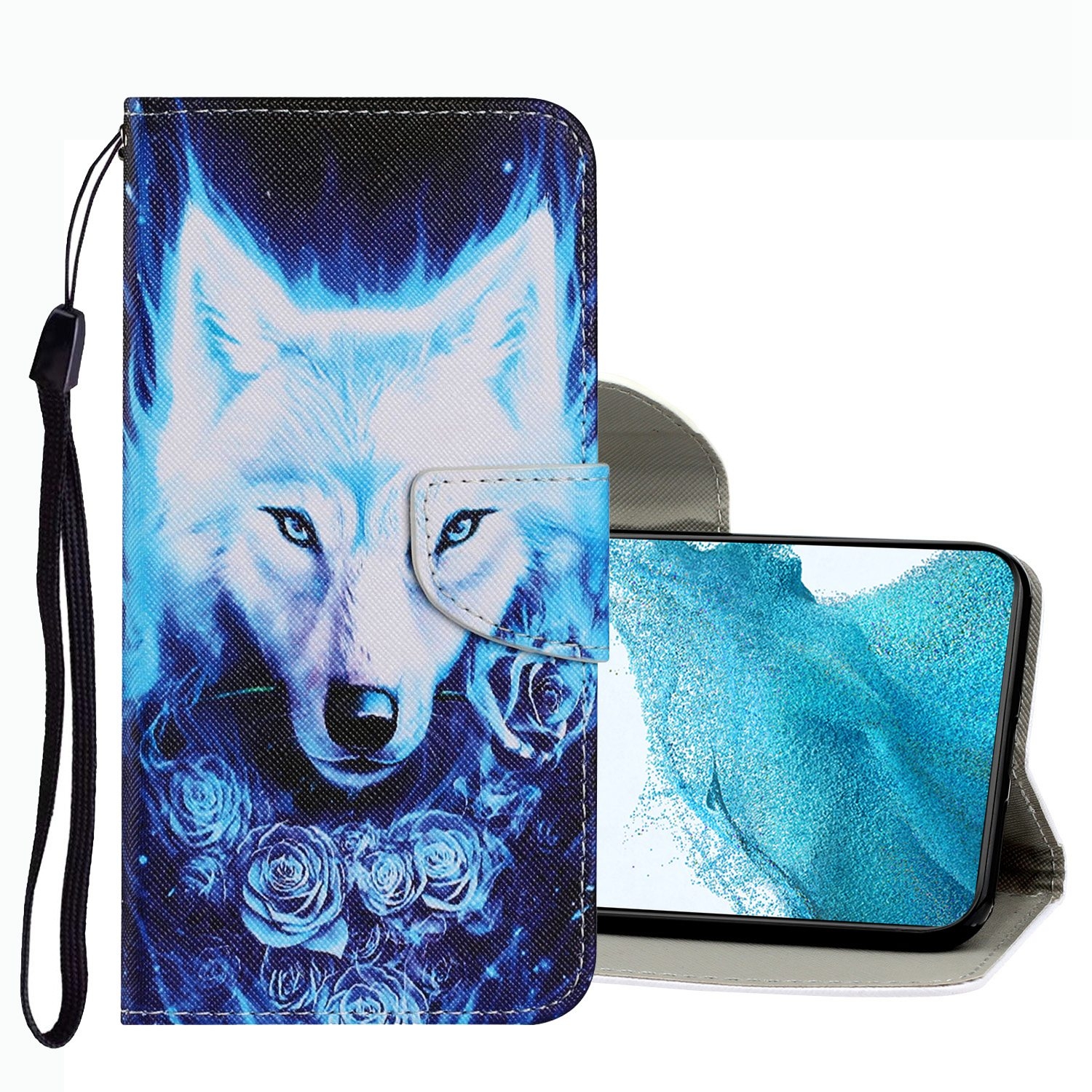 For Samsung Galaxy S22 5G Coloured Drawing Pattern Leather Phone Case(Rose Wolf) For Samsung Galaxy S22 5G Coloured Drawing Pattern Leather Phone Case(Rose Wolf)