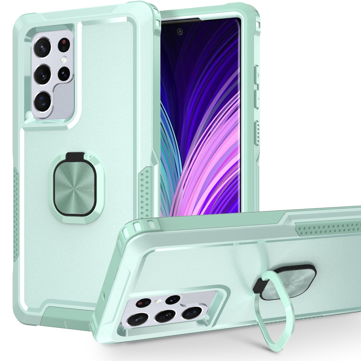 For Samsung Galaxy S22 Ultra 5G 3 in 1 Ring Holder PC + TPU Phone Case(Mint Green) For Samsung Galaxy S22 Ultra 5G 3 in 1 Ring Holder PC + TPU Phone Case(Mint Green)