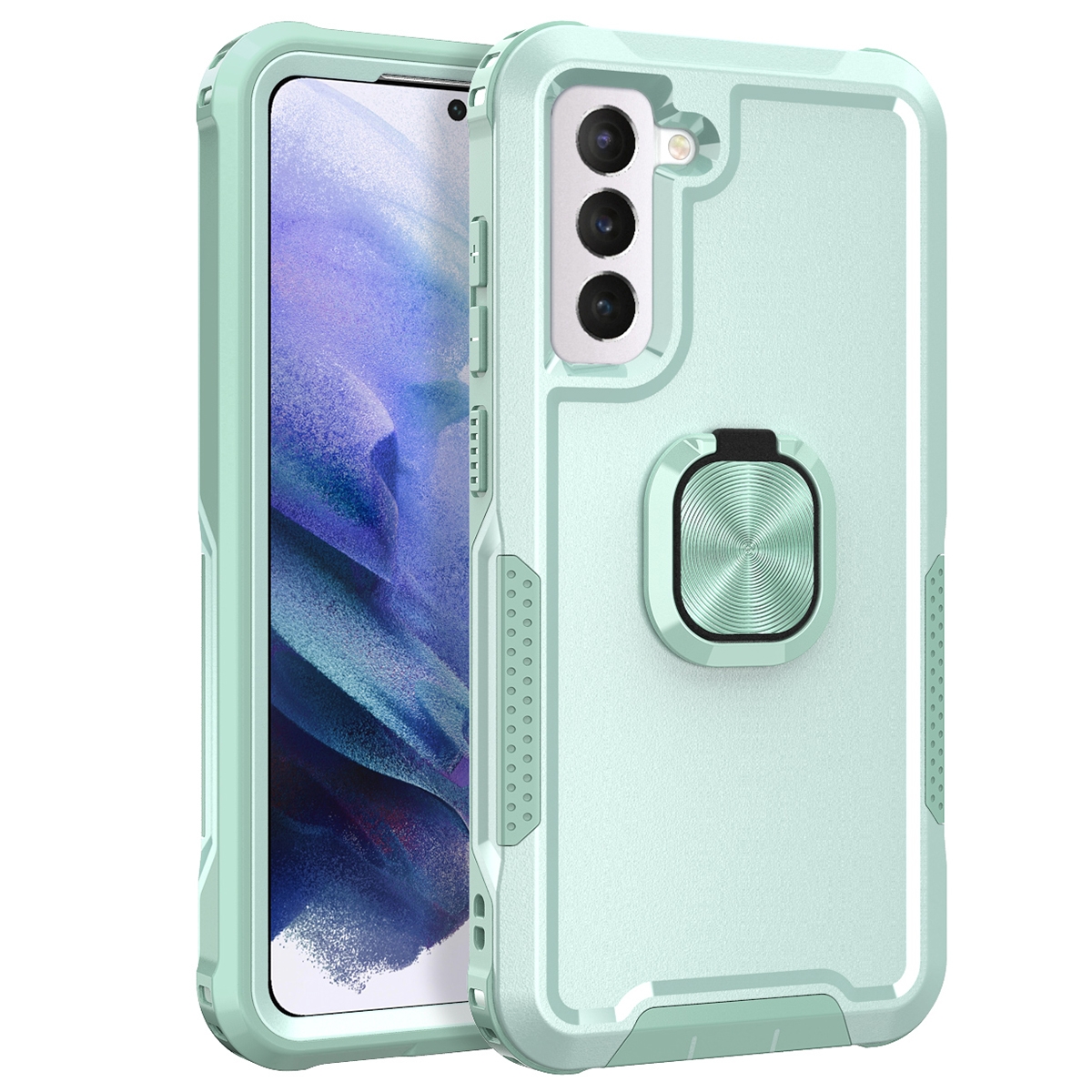 For Samsung Galaxy S21 5G 3 in 1 Ring Holder PC + TPU Phone Case(Mint Green)