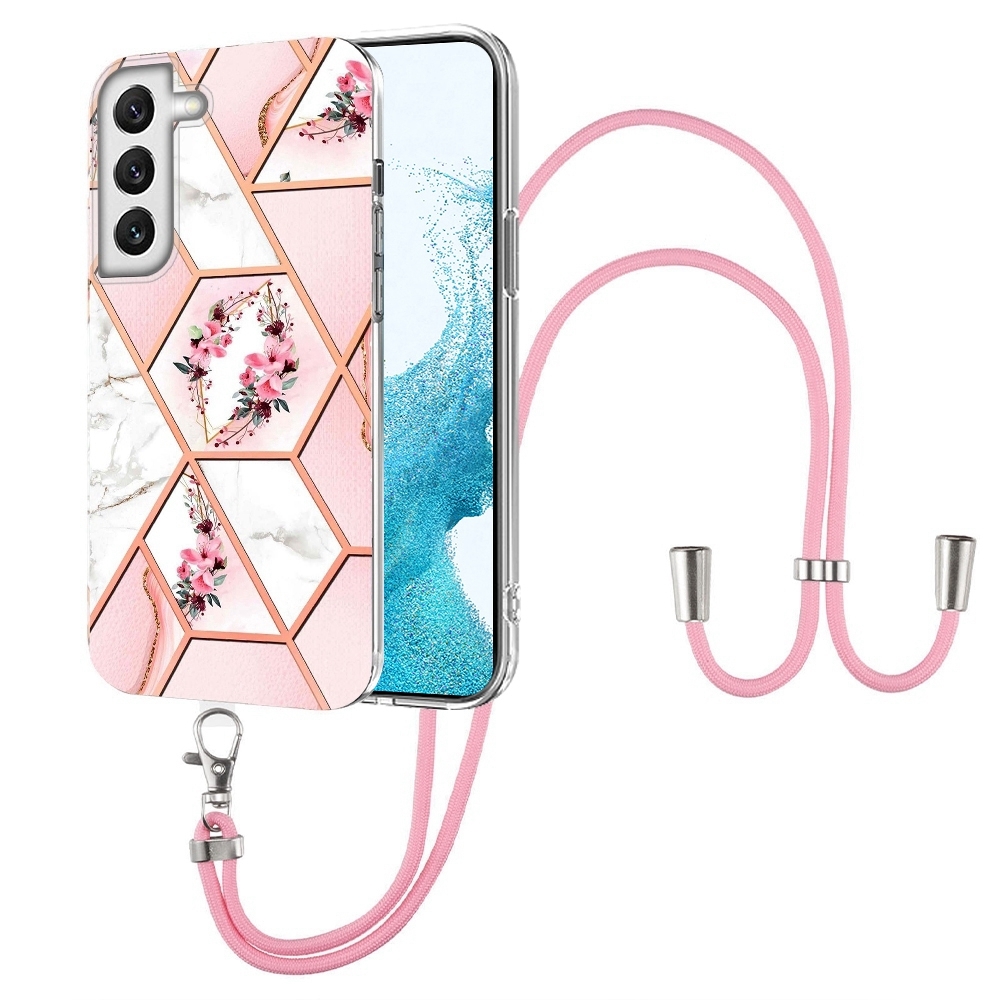 For Samsung Galaxy S22 5G Splicing Marble Flower Pattern TPU Phone Case with Lanyard(Pink Flower) For Samsung Galaxy S22 5G Splicing Marble Flower Pattern TPU Phone Case with Lanyard(Pink Flower)