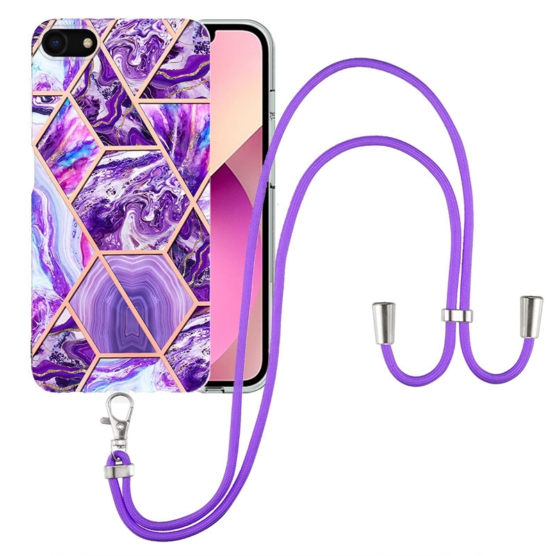 For iPhone SE 2022 / SE 2020 / 8 / 7 Electroplating Splicing Marble TPU Phone Case with Lanyard(Dark Purple) For iPhone SE 2022 / SE 2020 / 8 / 7 Electroplating Splicing Marble TPU Phone Case with Lanyard(Dark Purple)