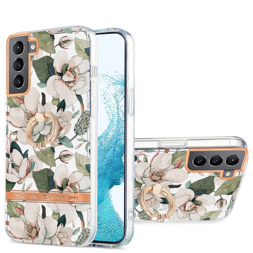 For Samsung Galaxy S22 5G Ring IMD Flowers TPU Phone Case(Green Gardenia) For Samsung Galaxy S22 5G Ring IMD Flowers TPU Phone Case(Green Gardenia)