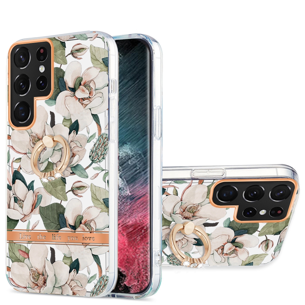 For Samsung Galaxy S22 Ultra 5G Ring IMD Flowers TPU Phone Case(Green Gardenia) For Samsung Galaxy S22 Ultra 5G Ring IMD Flowers TPU Phone Case(Green Gardenia)