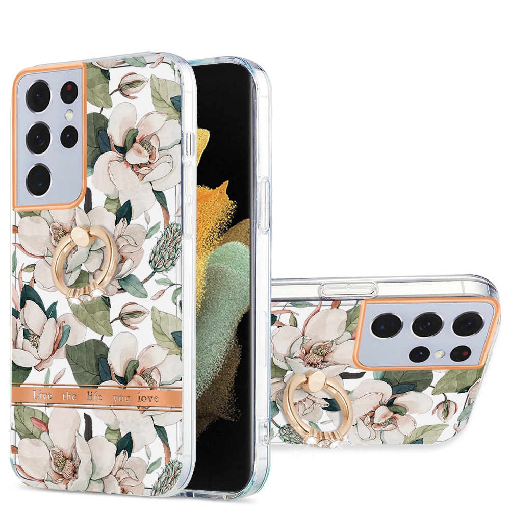 For Samsung Galaxy S21 Ultra 5G Ring IMD Flowers TPU Phone Case(Green Gardenia) For Samsung Galaxy S21 Ultra 5G Ring IMD Flowers TPU Phone Case(Green Gardenia)